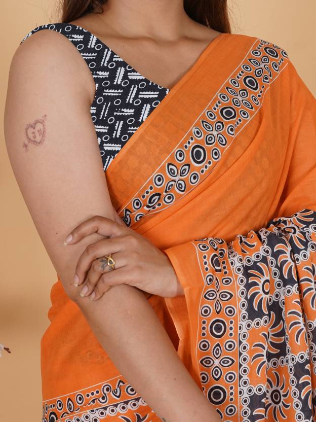 Printed Orange Ajrak Print Cotton MulMul Saree