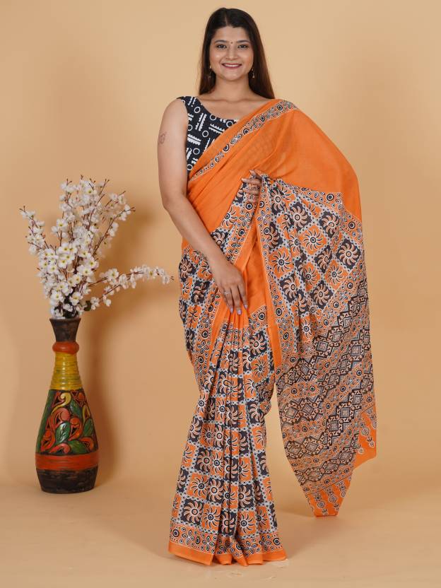Printed Orange Ajrak Print Cotton MulMul Saree