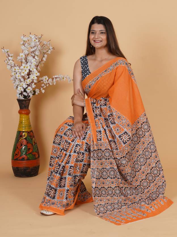 Printed Orange Ajrak Print Cotton MulMul Saree