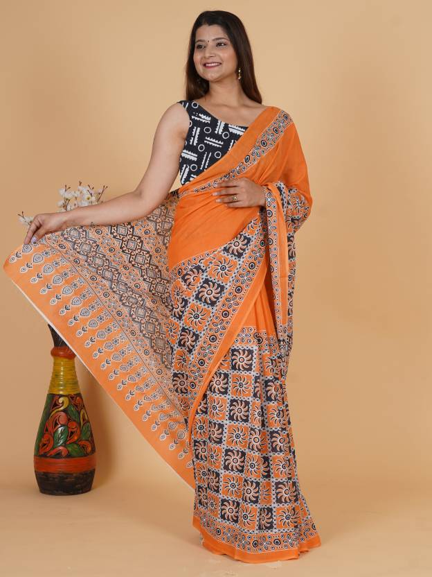 Printed Orange Ajrak Print Cotton MulMul Saree