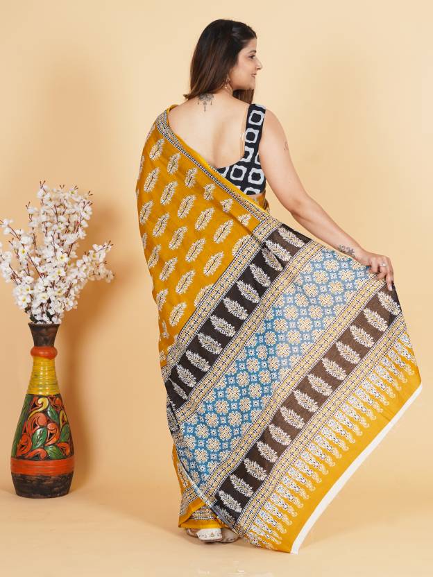 Printed Yellow Ajrak Print Cotton MulMul Saree