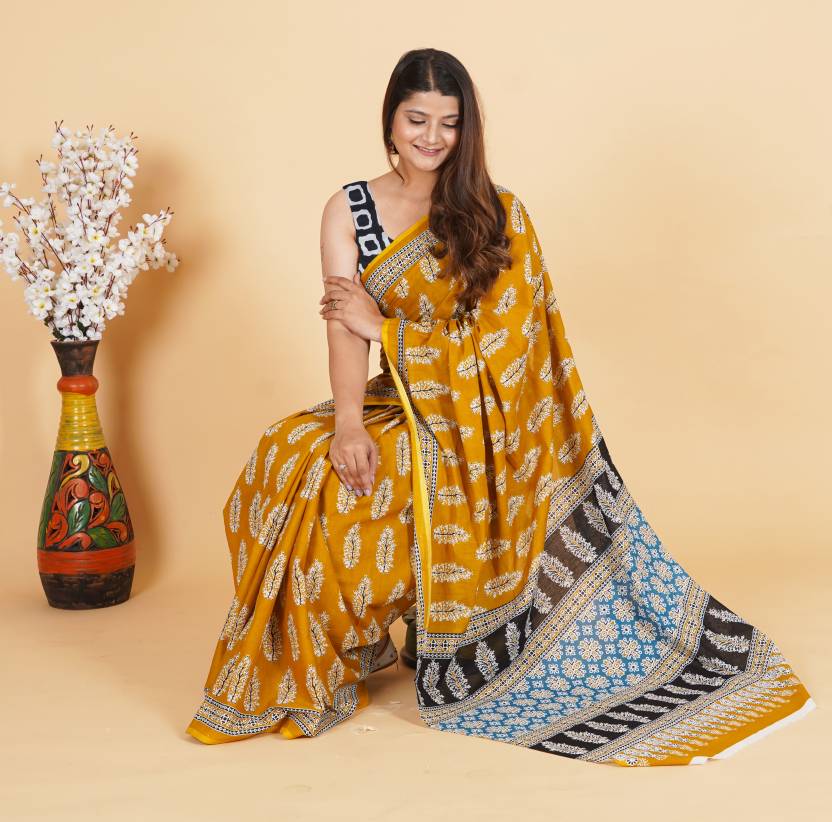 Printed Yellow Ajrak Print Cotton MulMul Saree