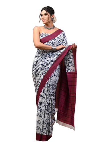 Cotton MulMul White Printed Sarees
