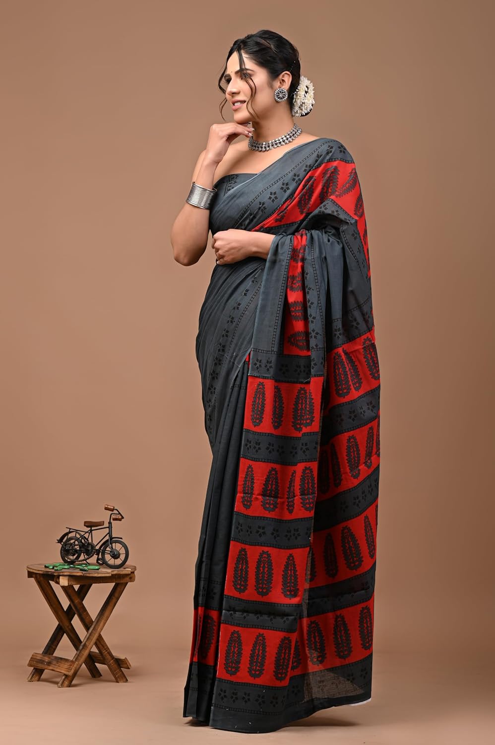 Cotton MulMul Black Printed Sarees