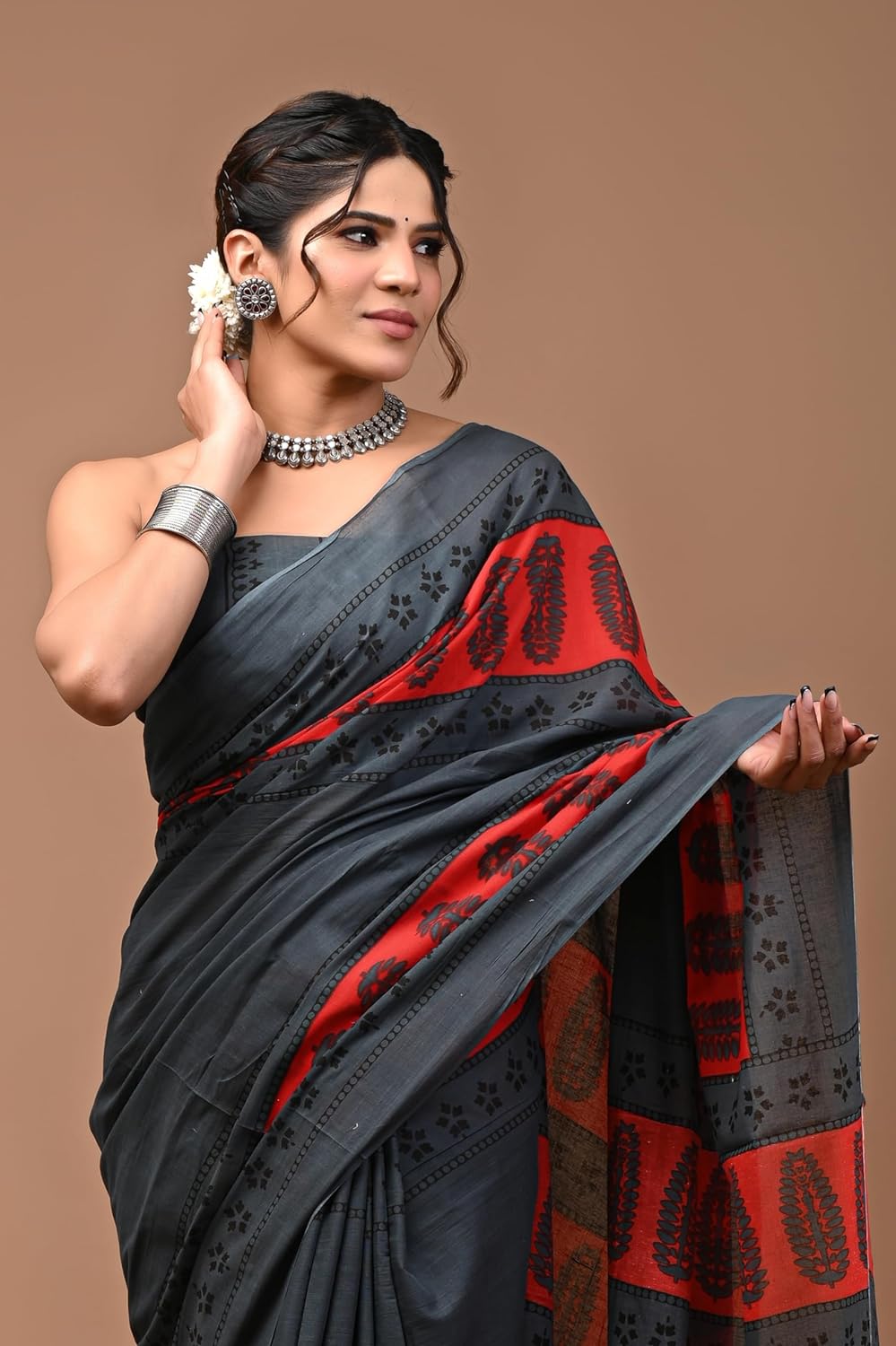 Cotton MulMul Black Printed Sarees