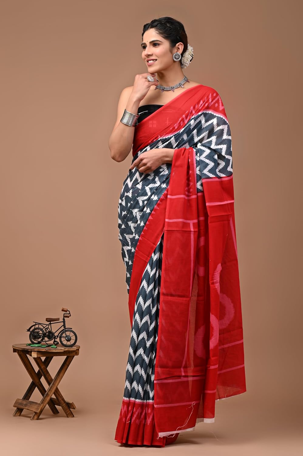 Printed Red Ikkat Print Cotton MulMul Saree