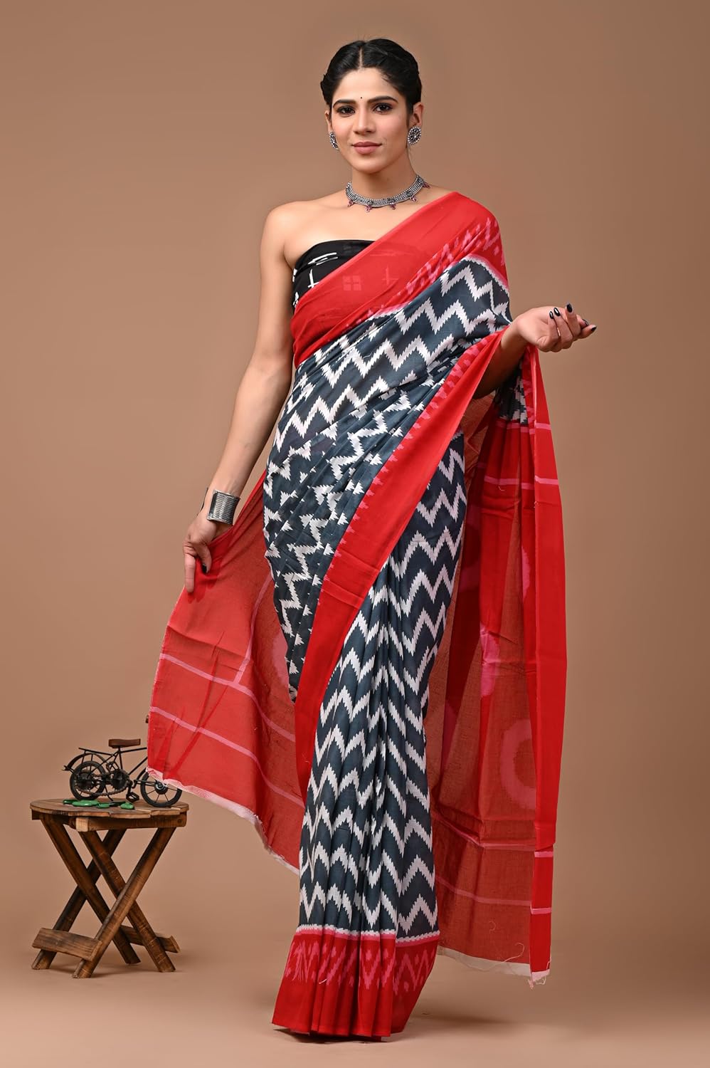 Printed Red Ikkat Print Cotton MulMul Saree
