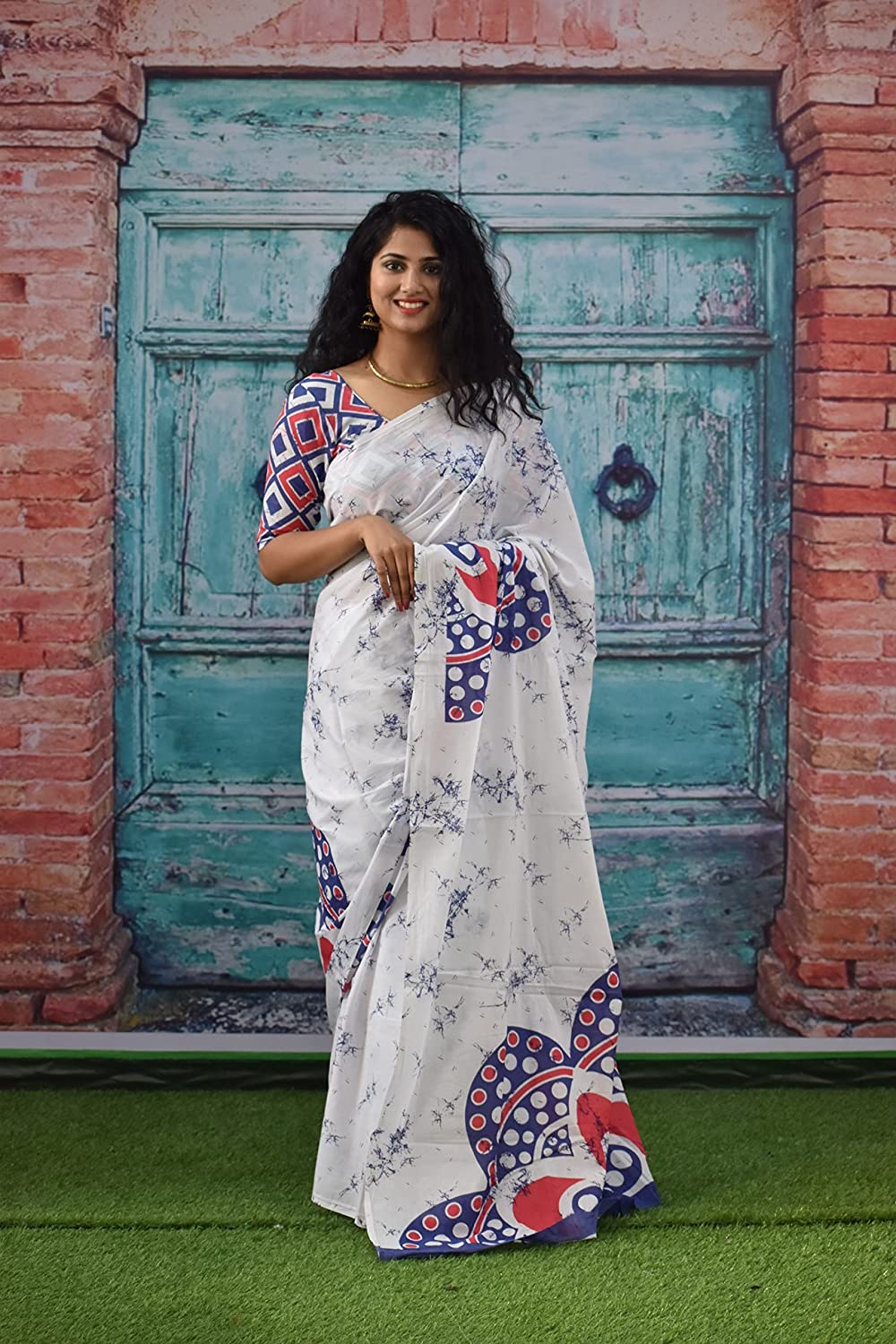 Printed White Blue Batik Print Cotton MulMul Saree
