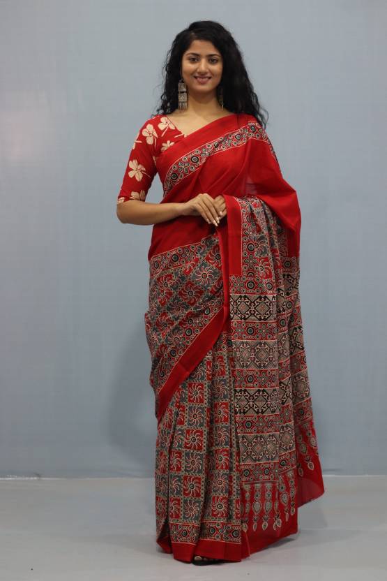 Printed Red Ajrak Print Cotton MulMul Saree