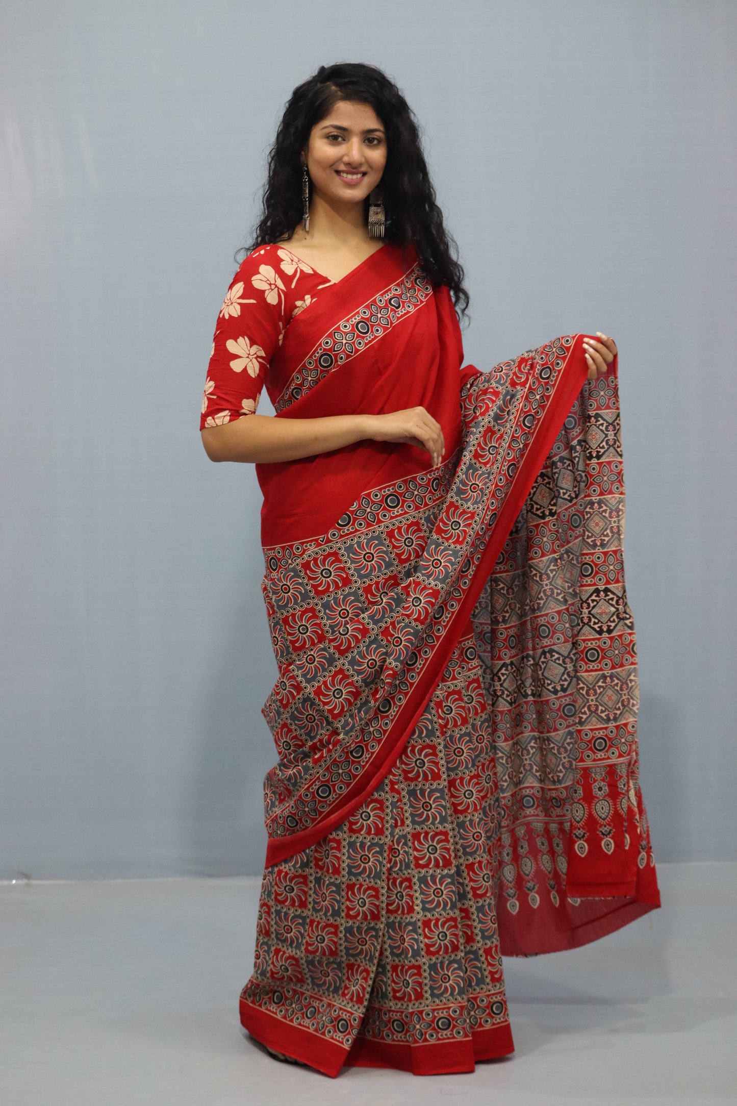 Printed Red Ajrak Print Cotton MulMul Saree