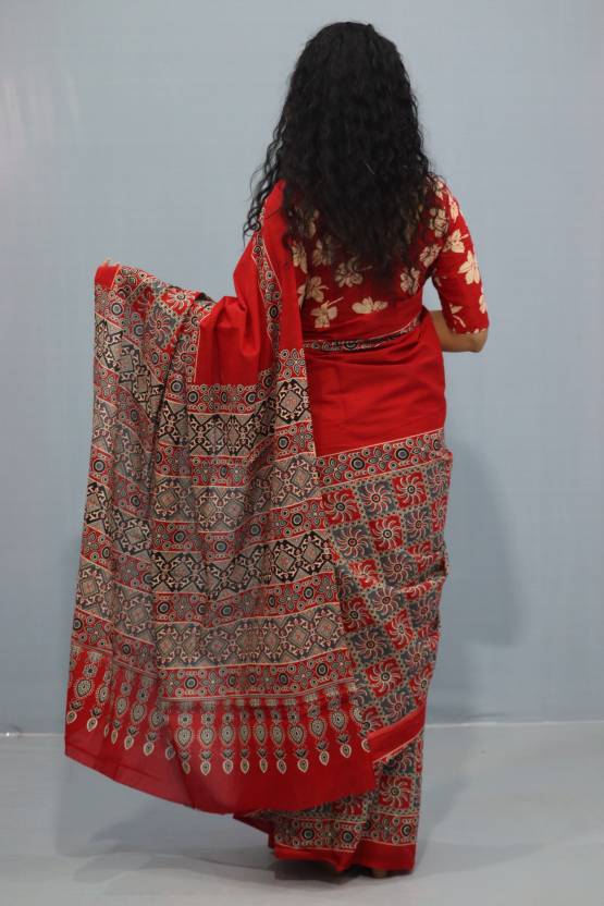 Printed Red Ajrak Print Cotton MulMul Saree
