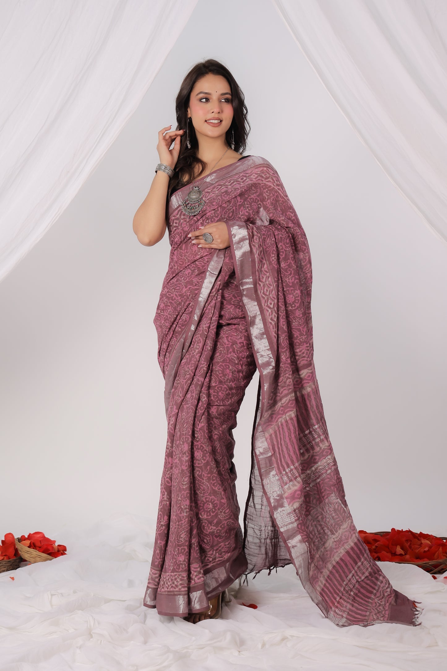 Premium Pink Cotton Linen Saree
