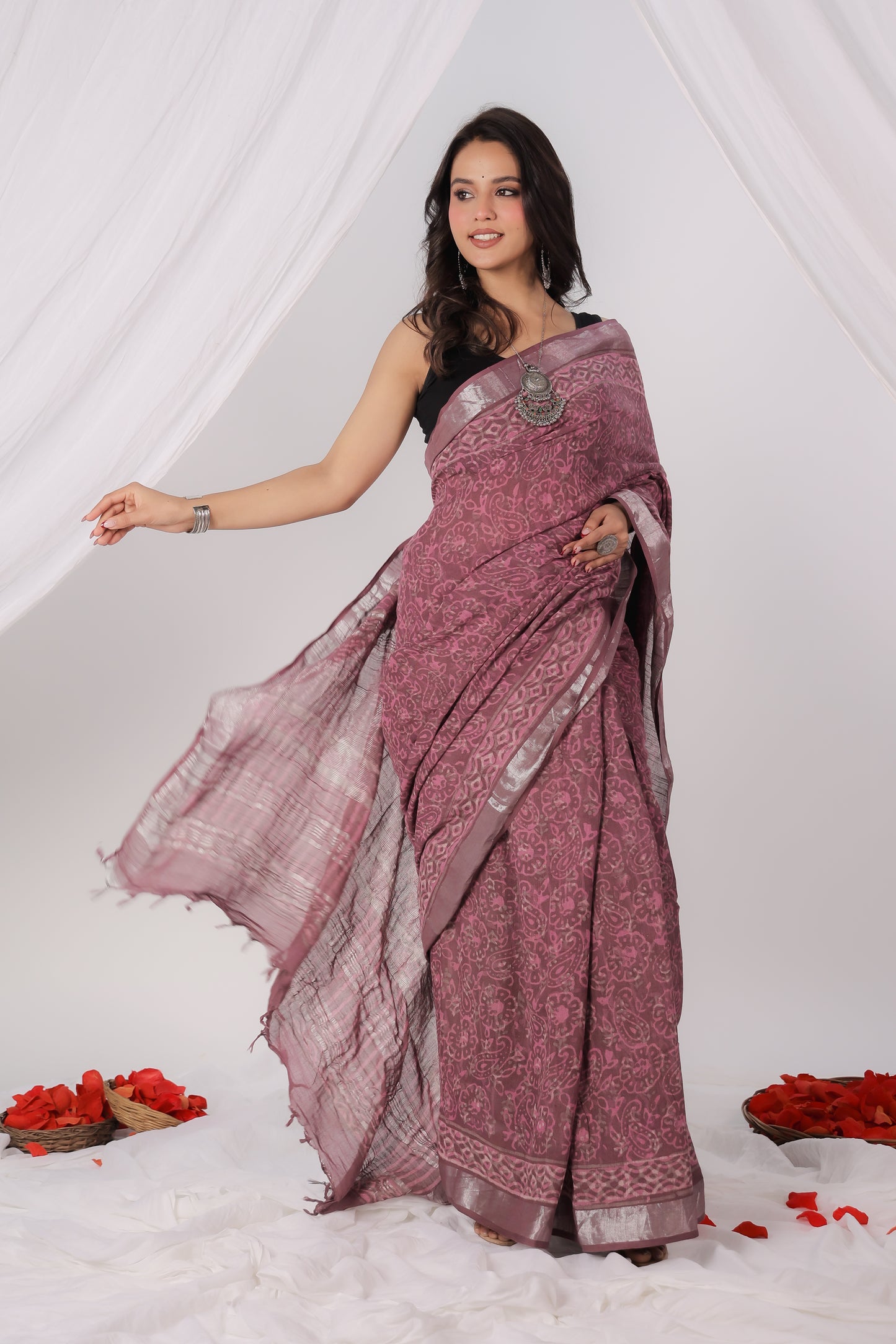 Premium Pink Cotton Linen Saree