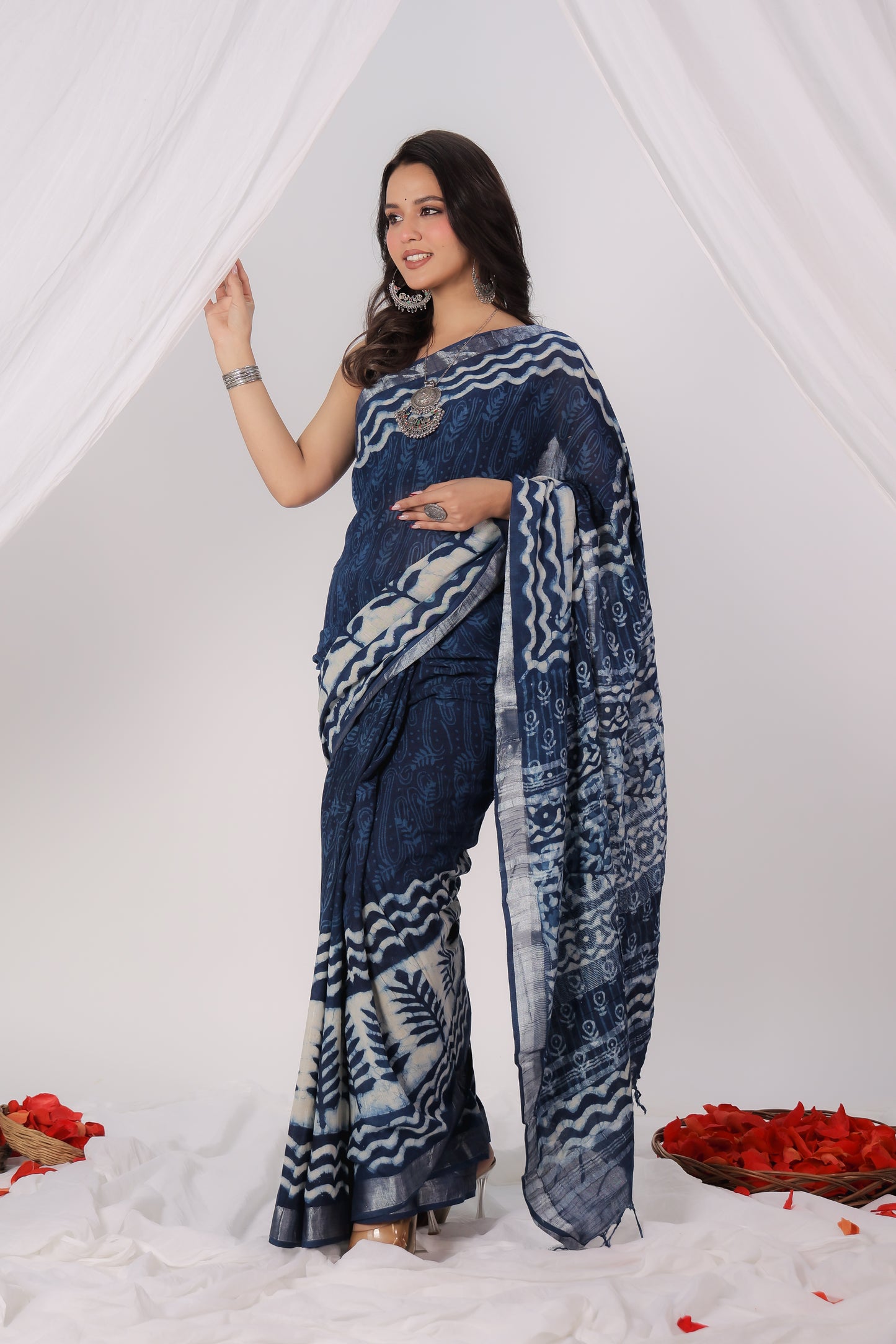 Premium Blue Indigo Cotton Linen Saree