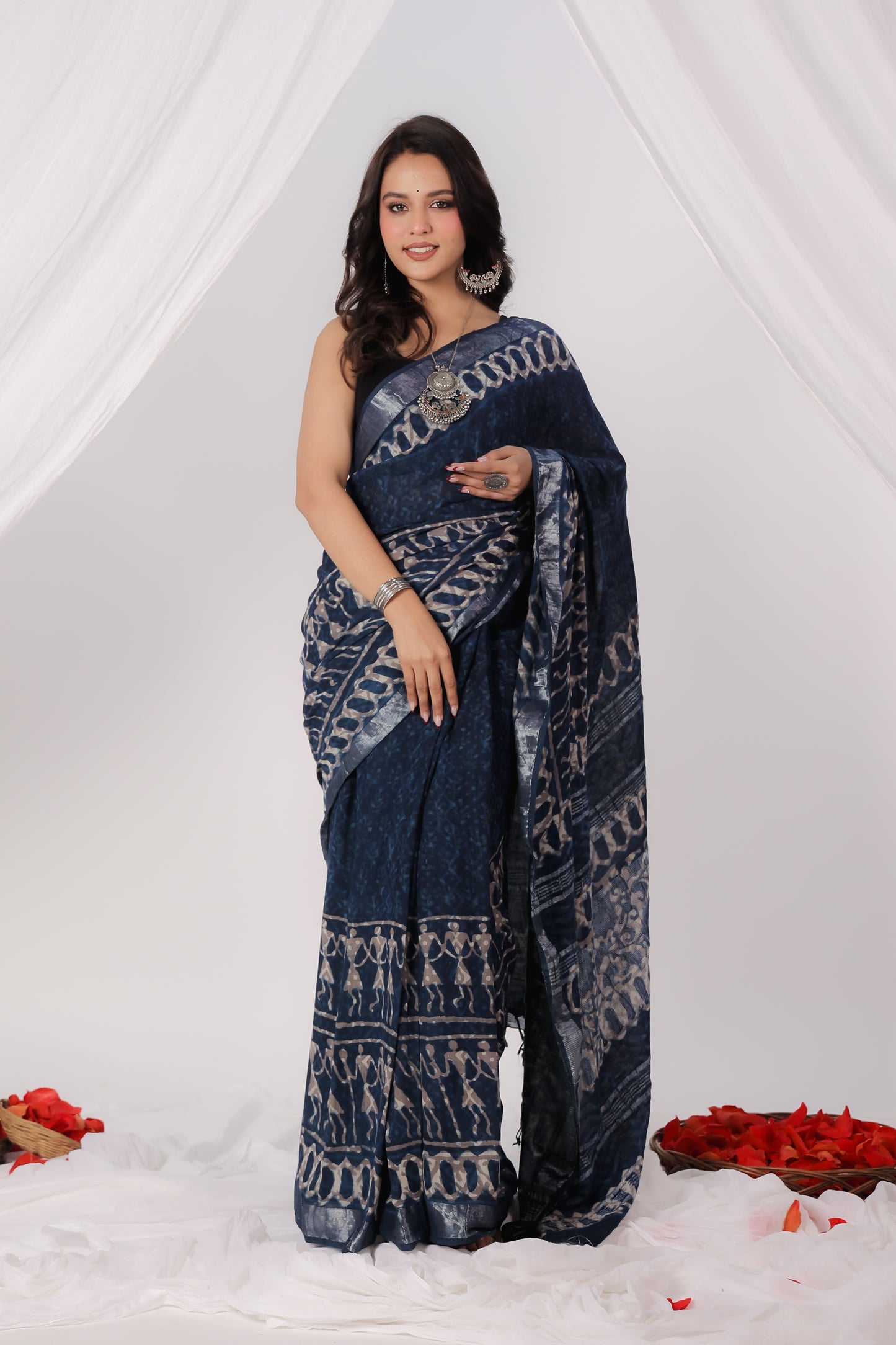 Premium Blue indigo Cotton Linen Saree