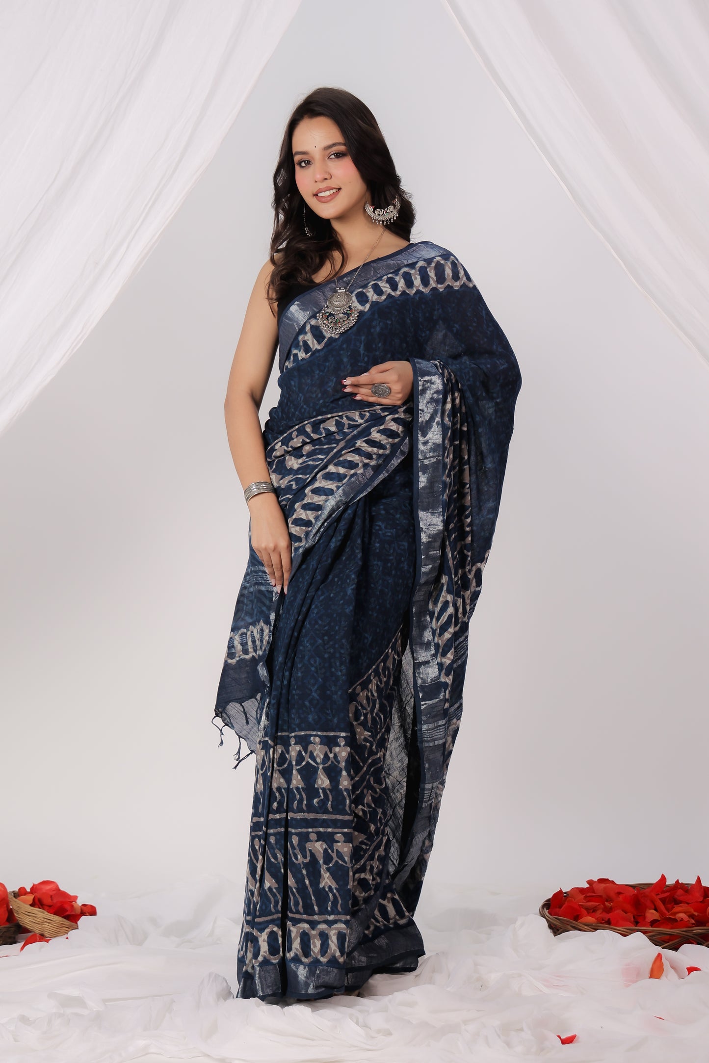 Premium Blue indigo Cotton Linen Saree