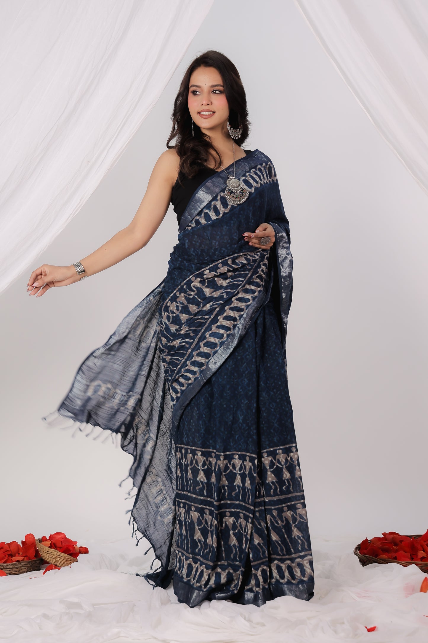Premium Blue indigo Cotton Linen Saree