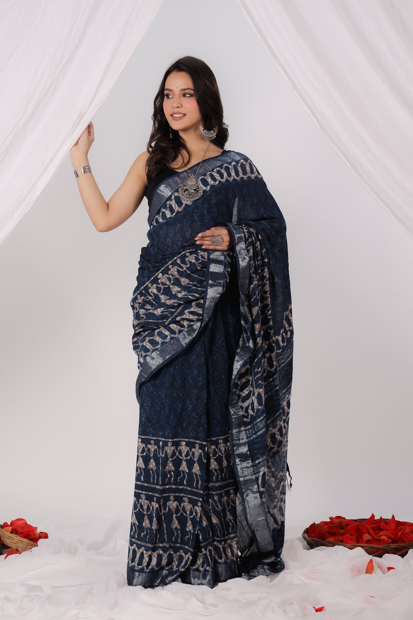 Premium Blue indigo Cotton Linen Saree