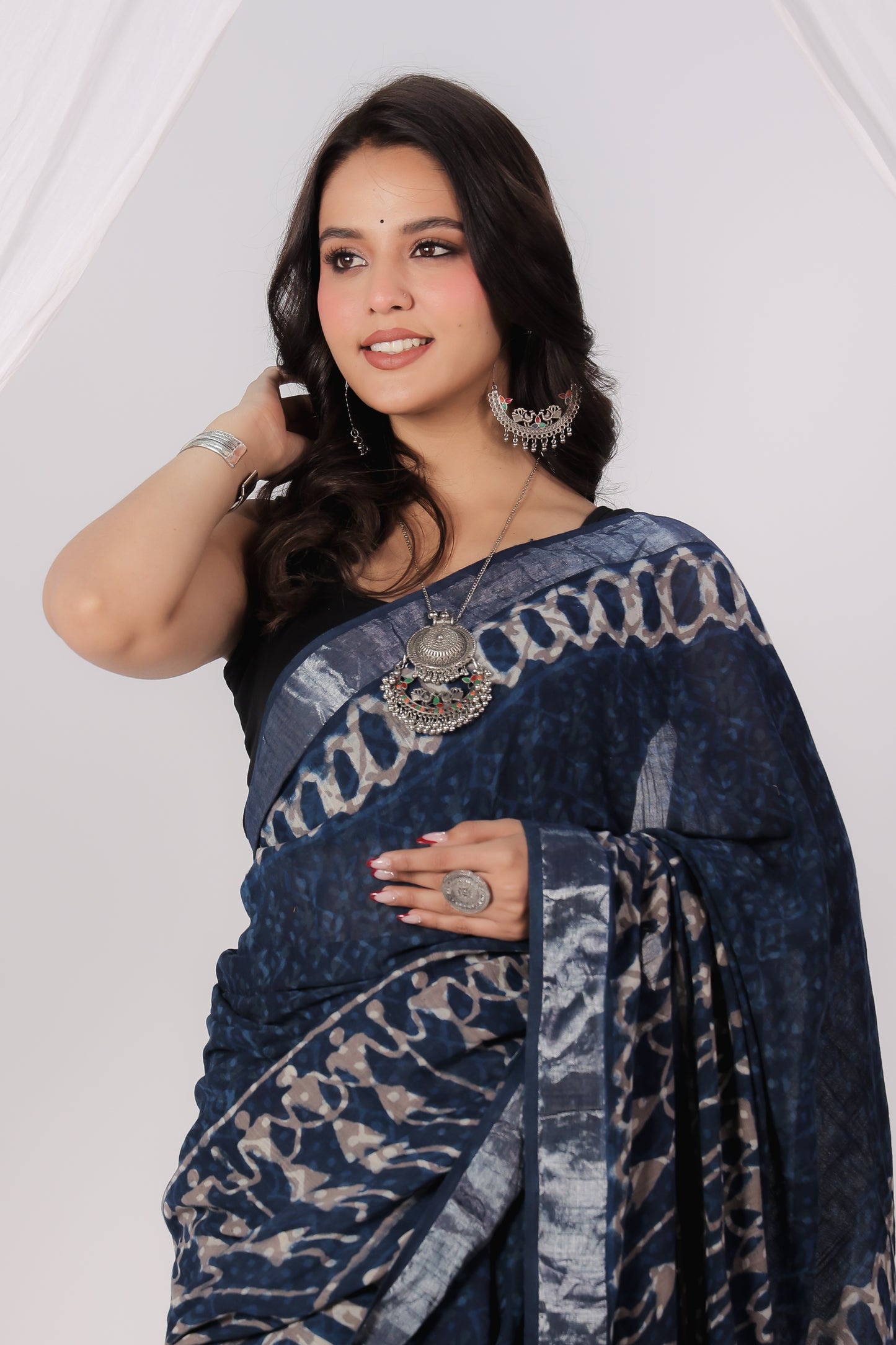 Premium Blue indigo Cotton Linen Saree