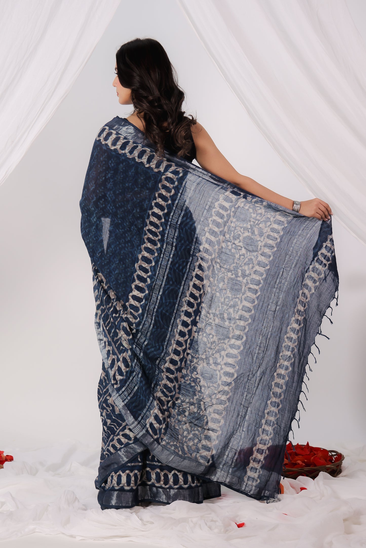 Premium Blue indigo Cotton Linen Saree