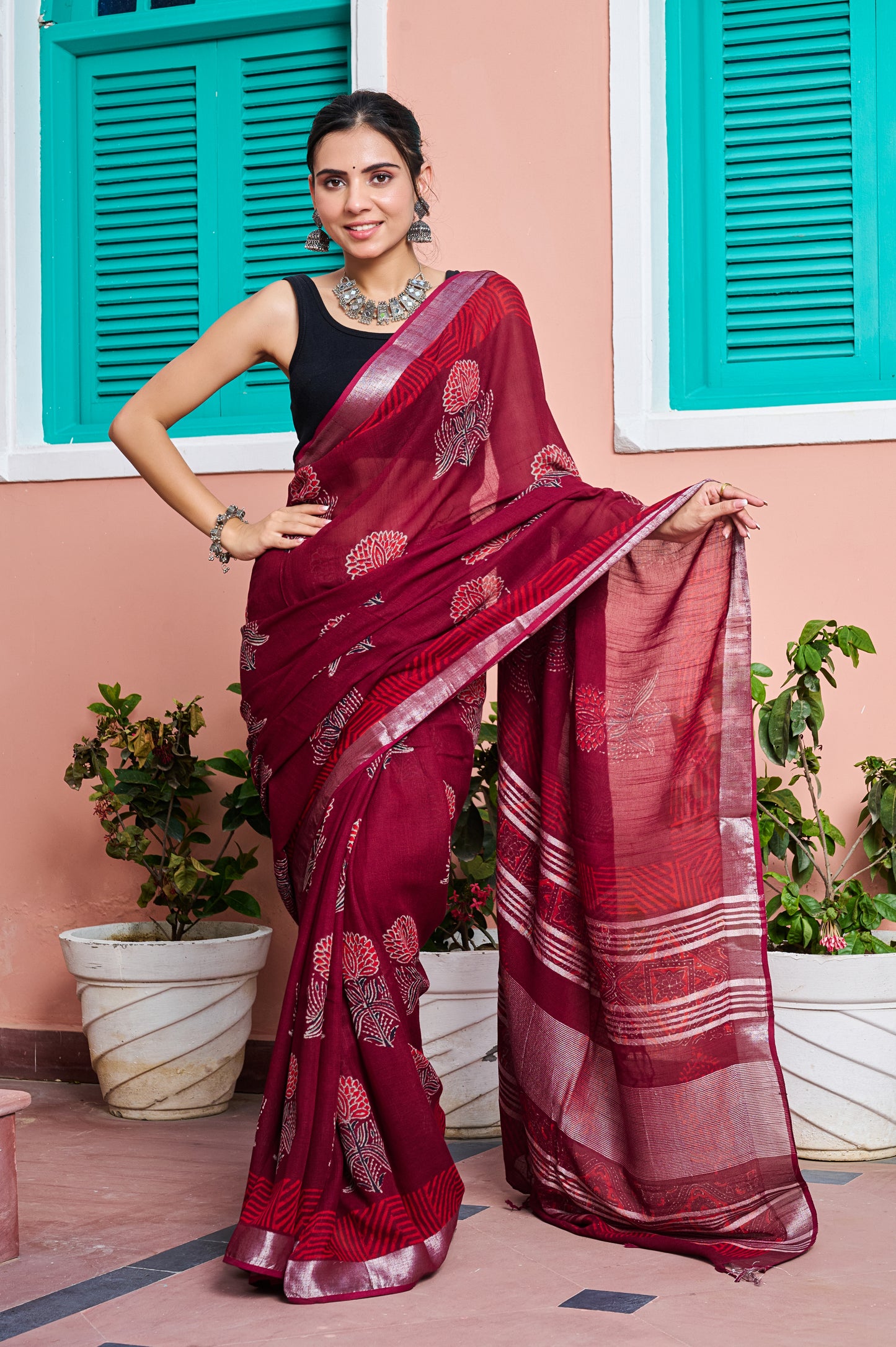 Premium Marron Cotton Linen Saree