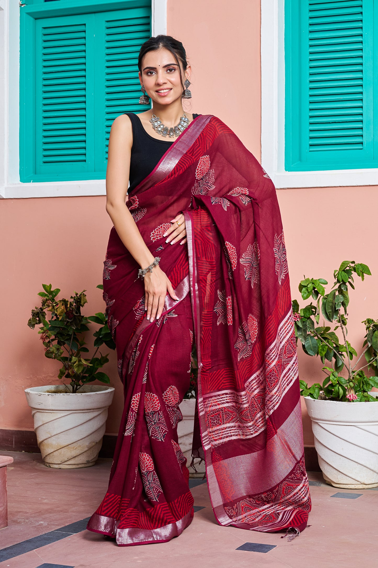 Premium Marron Cotton Linen Saree