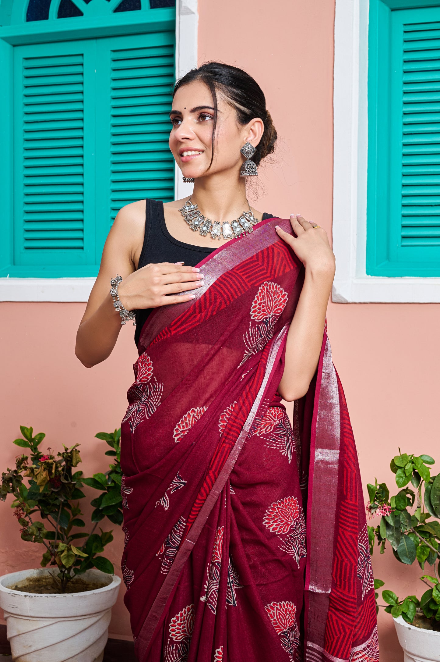 Premium Marron Cotton Linen Saree