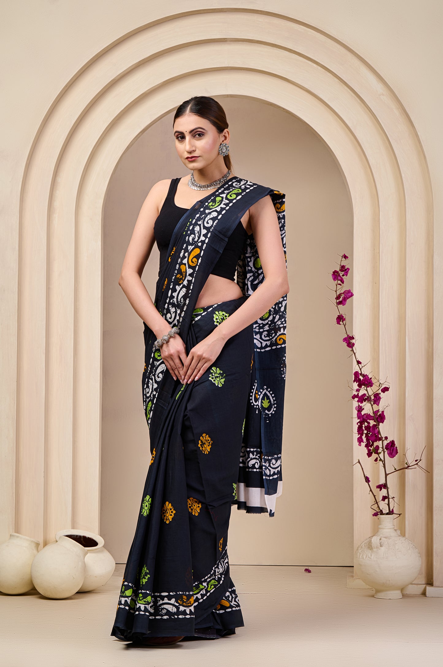 Printed Black Print Cotton MulMul Saree