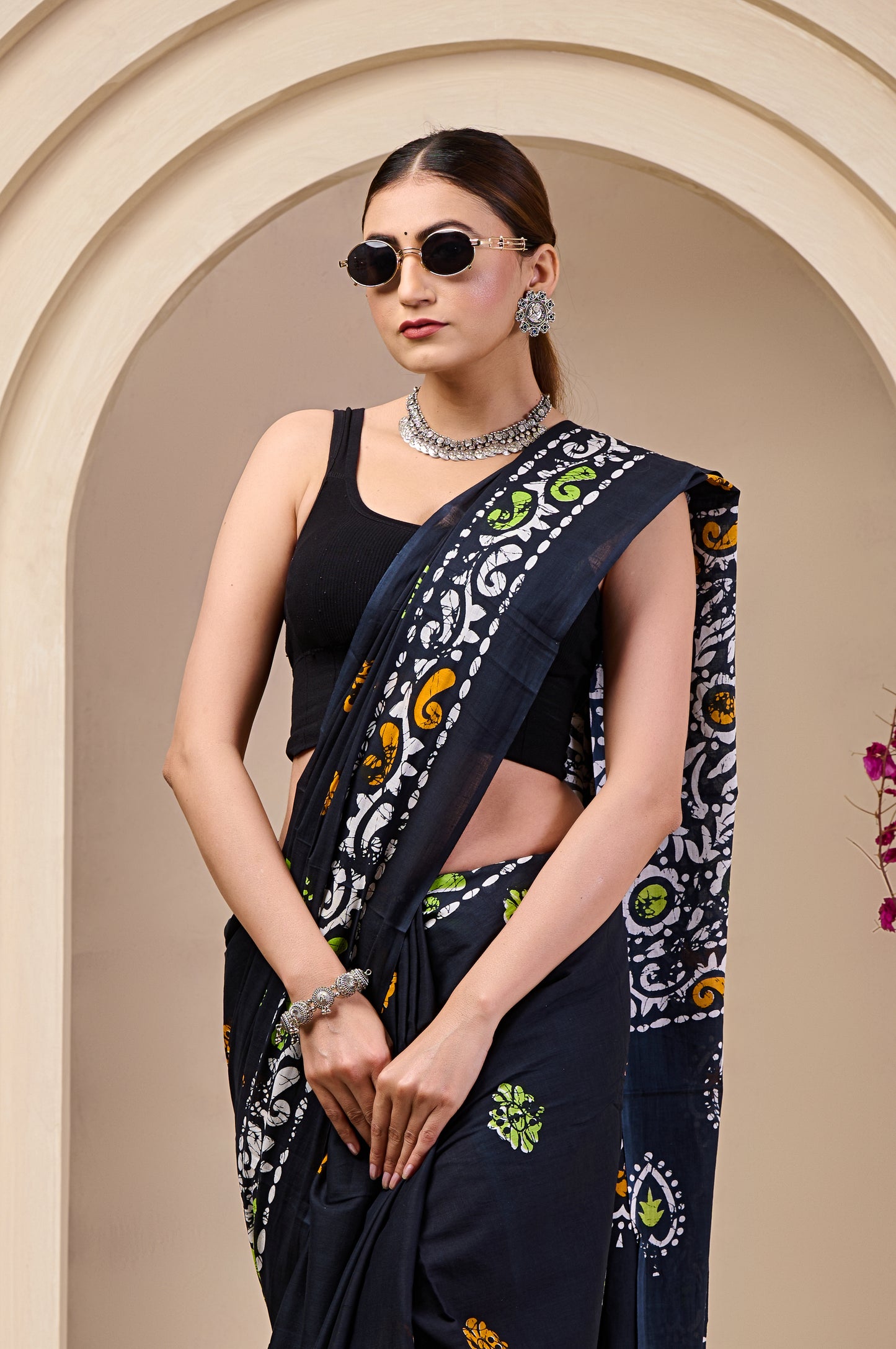 Printed Black Print Cotton MulMul Saree
