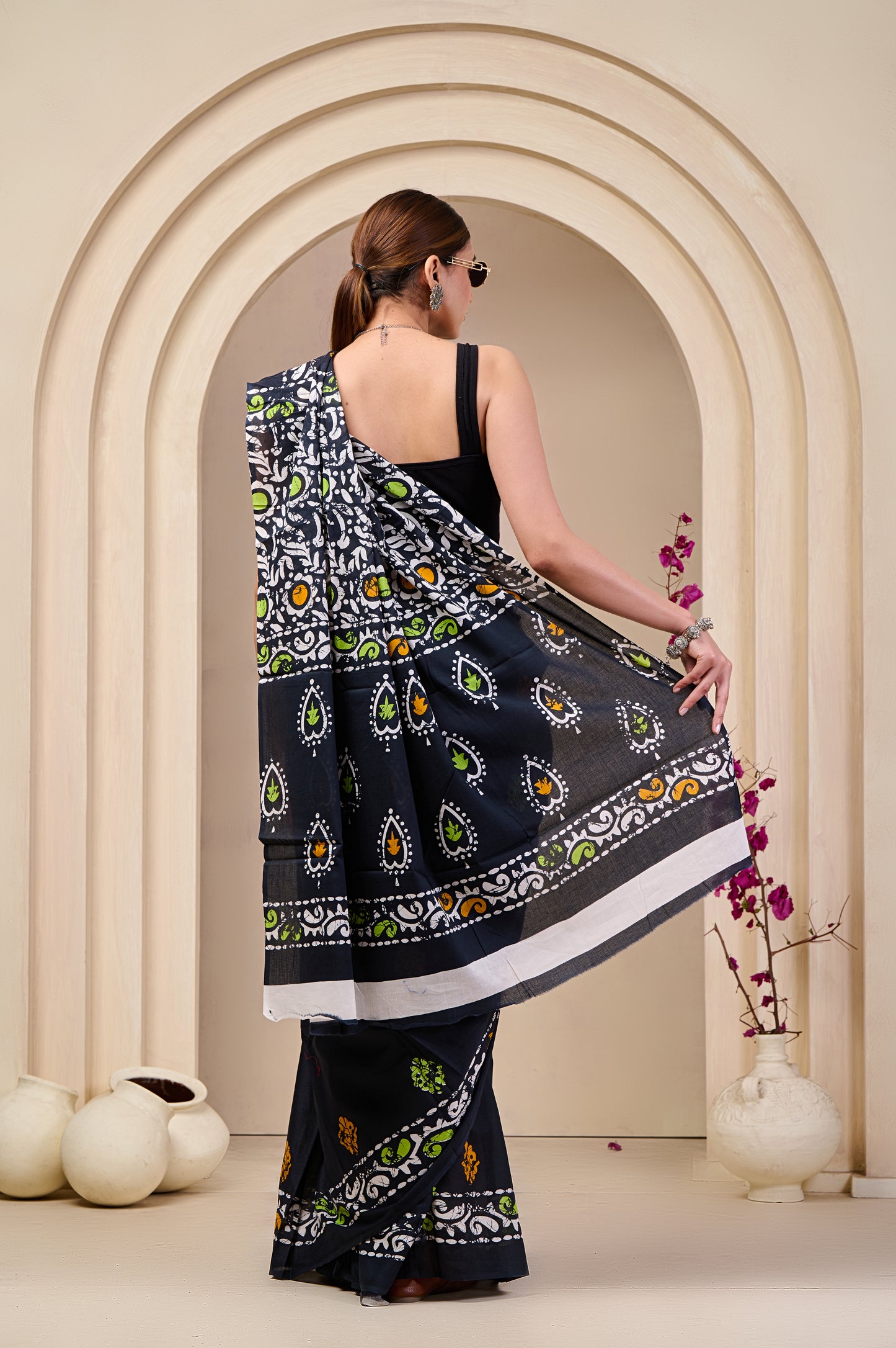 Printed Black Print Cotton MulMul Saree