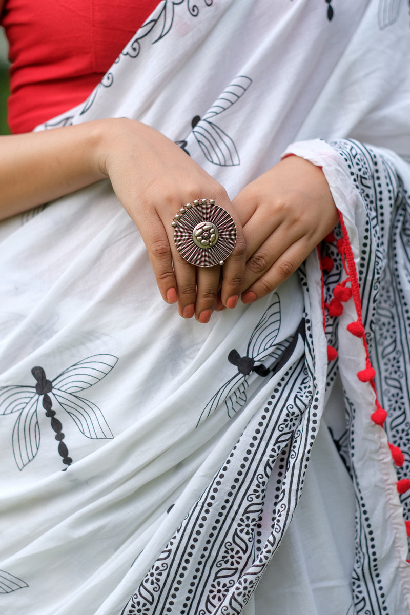 Printed Black n White Print Cotton MulMul Saree