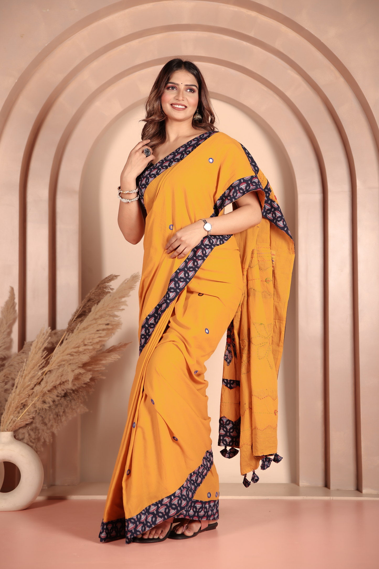 Ajrakh Patch Work Yellow Cotton MulMul Saree