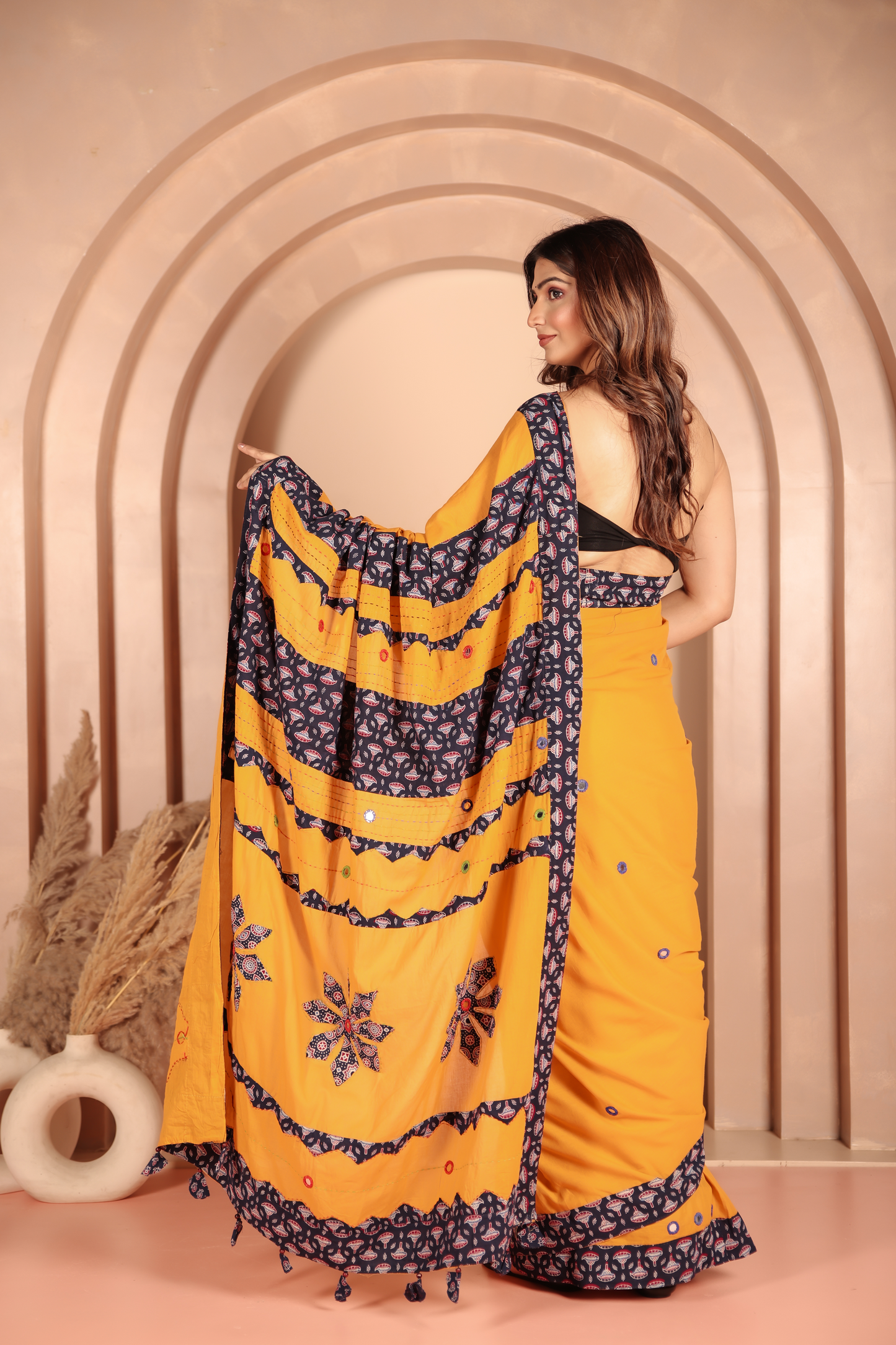 Ajrakh Patch Work Yellow Cotton MulMul Saree