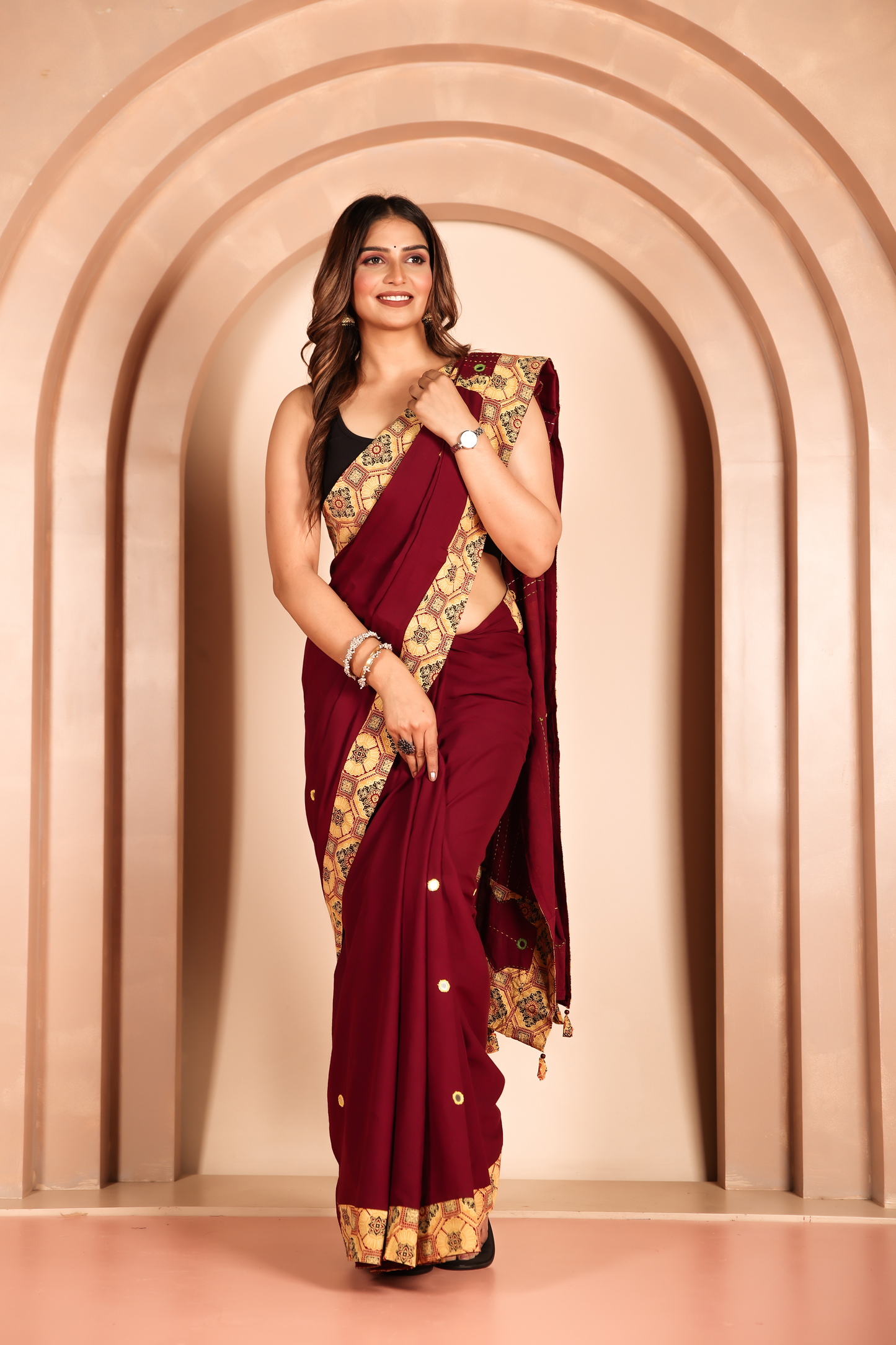 Ajrakh Patch Work Red Cotton MulMul Saree