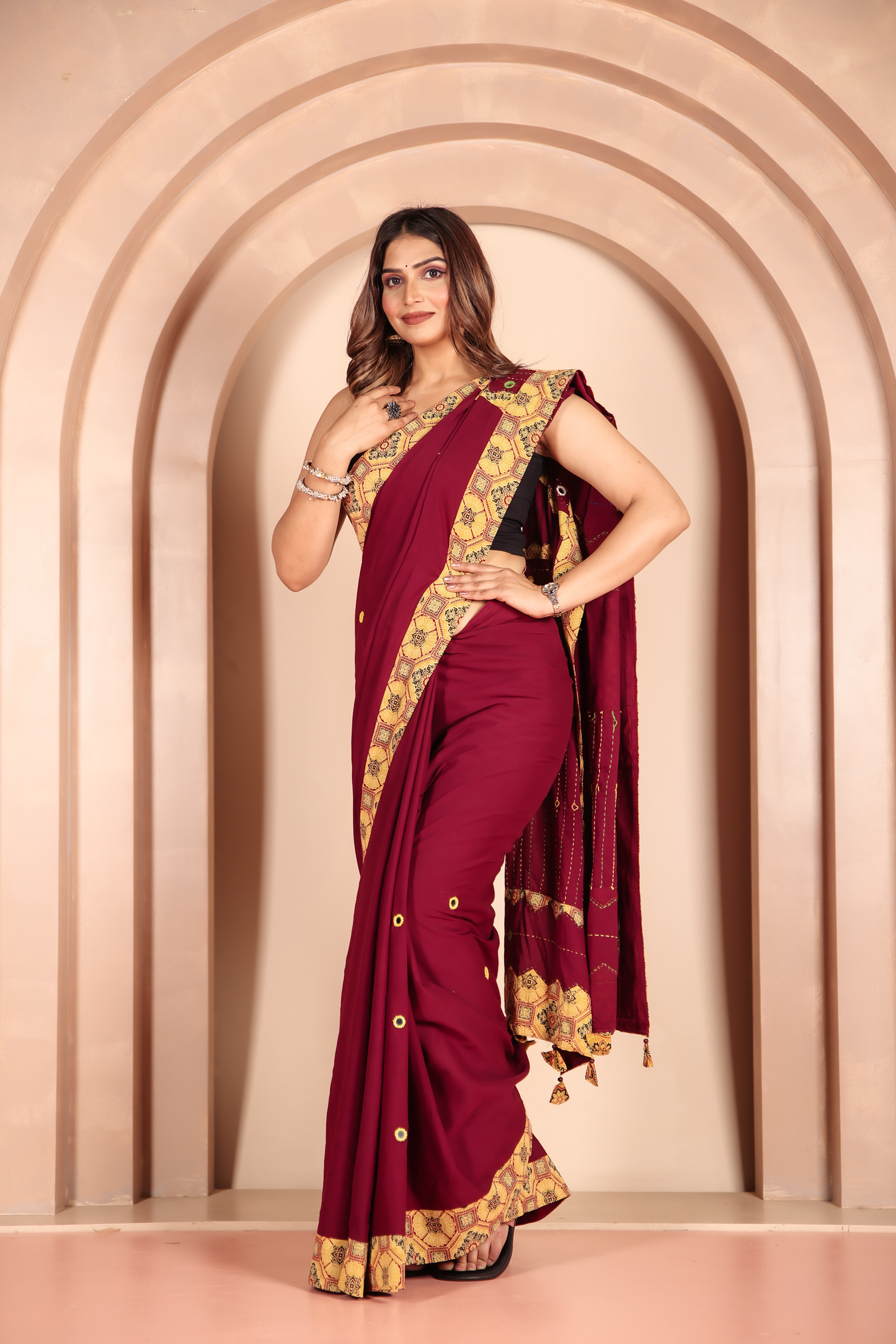 Ajrakh Patch Work Red Cotton MulMul Saree