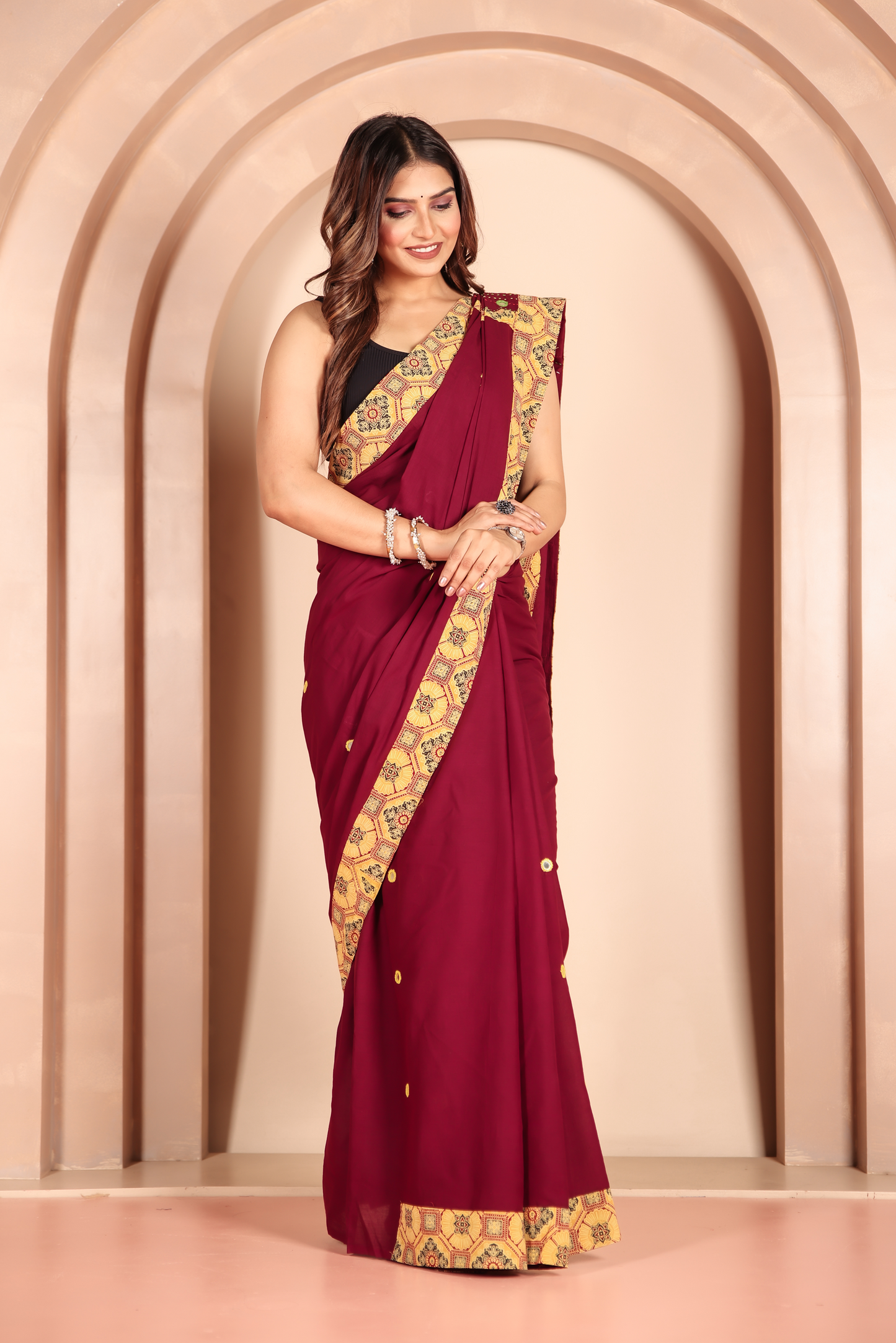 Ajrakh Patch Work Red Cotton MulMul Saree