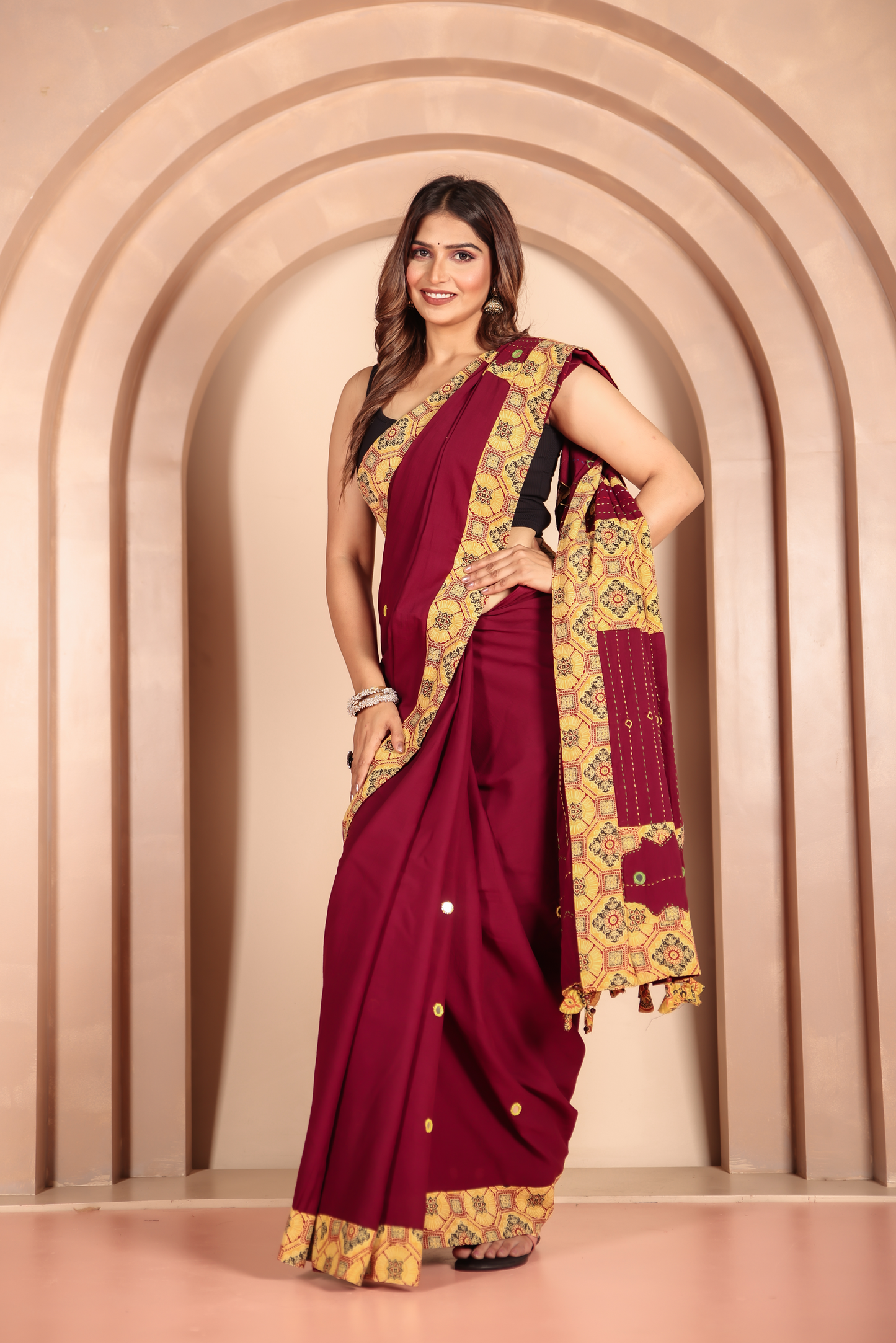 Ajrakh Patch Work Red Cotton MulMul Saree