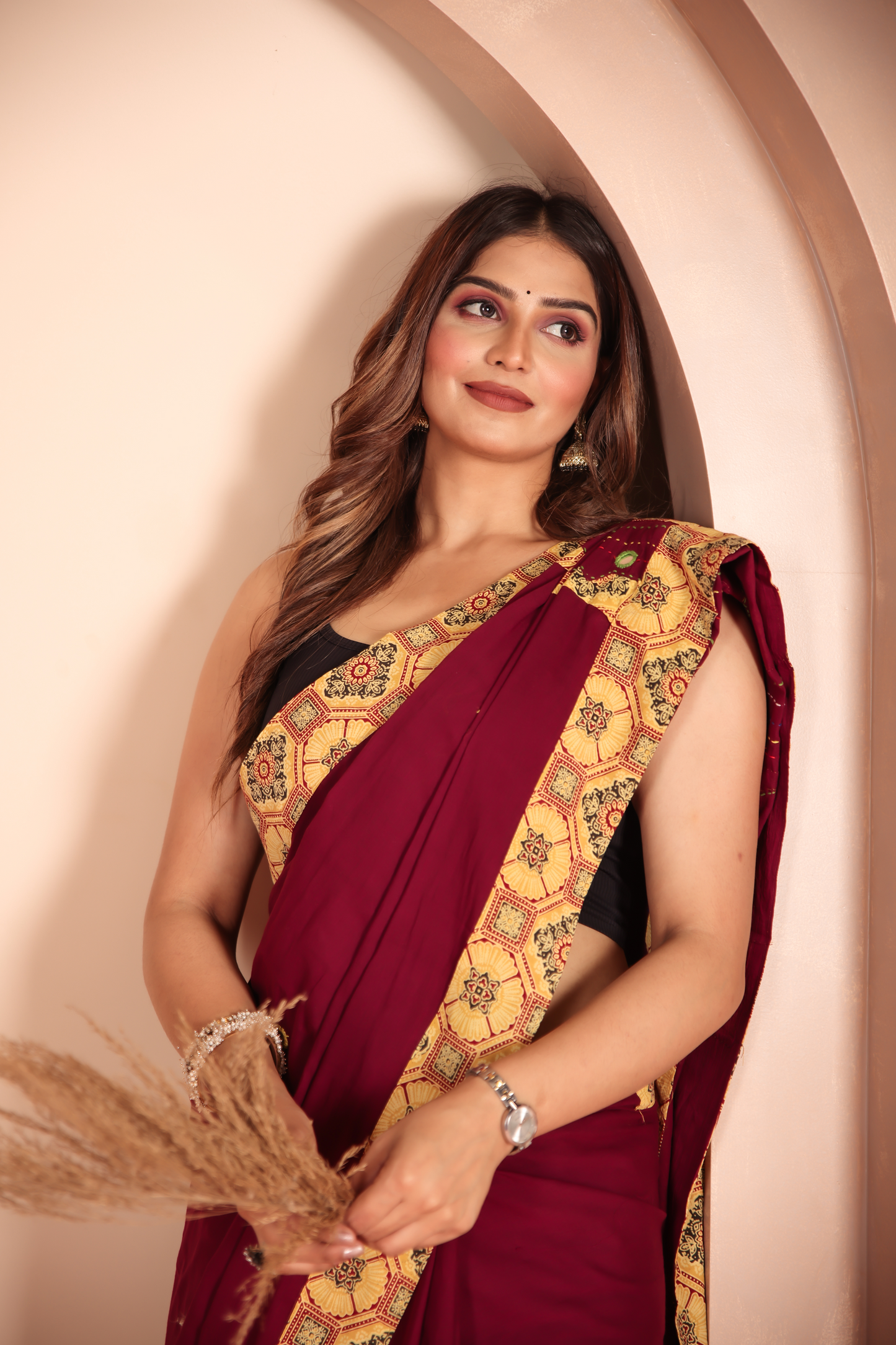 Ajrakh Patch Work Red Cotton MulMul Saree