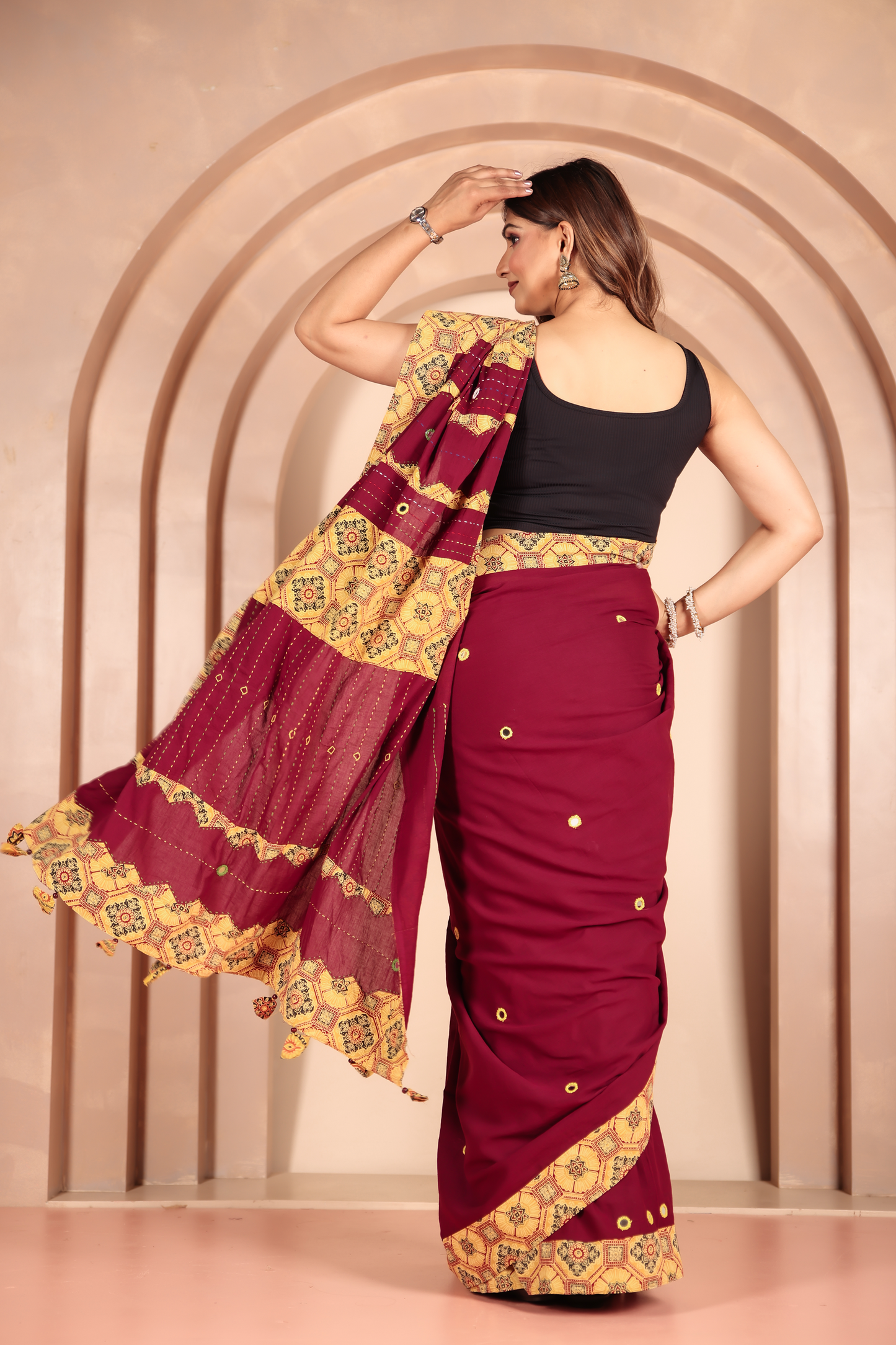Ajrakh Patch Work Red Cotton MulMul Saree