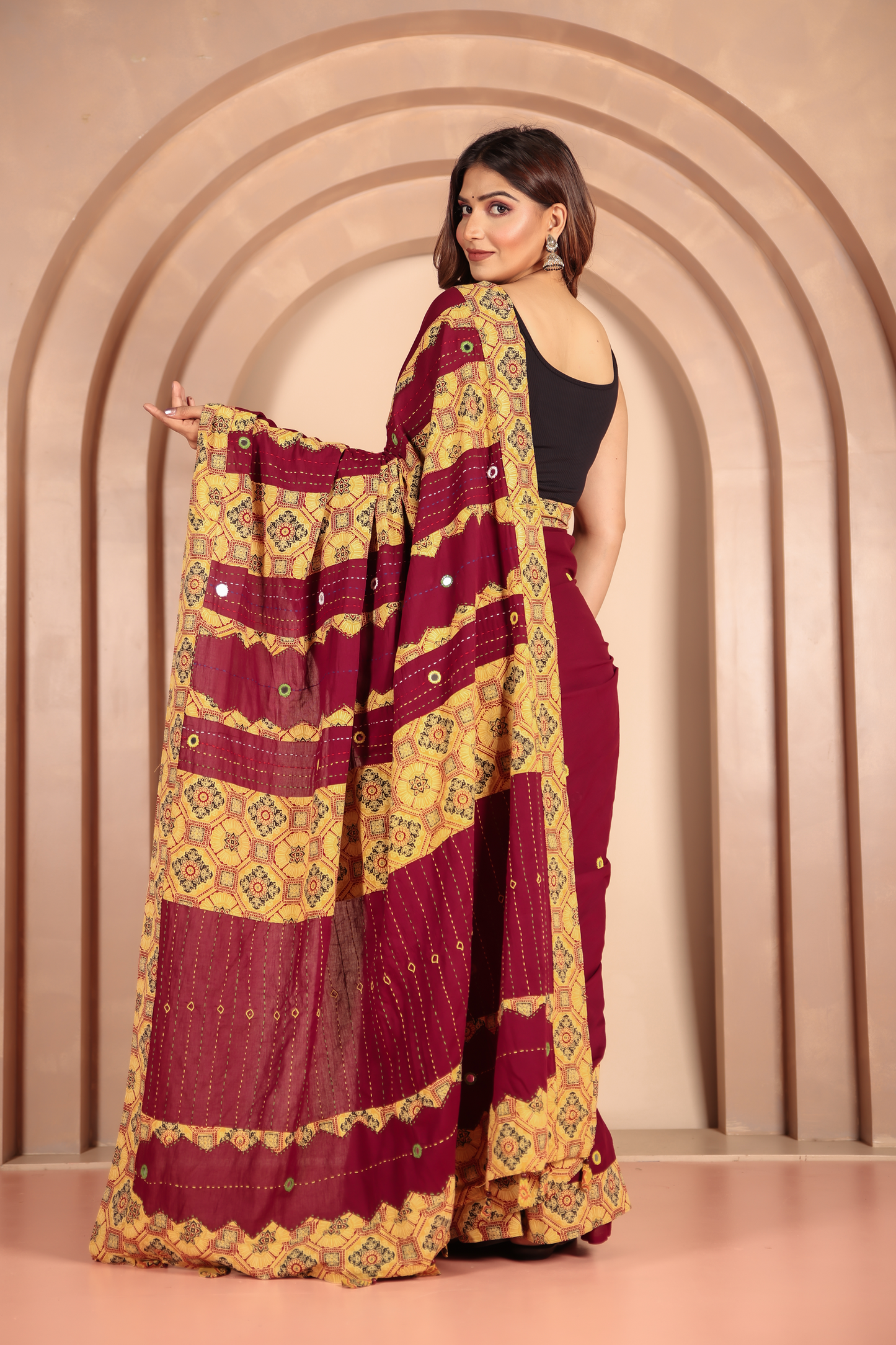 Ajrakh Patch Work Red Cotton MulMul Saree
