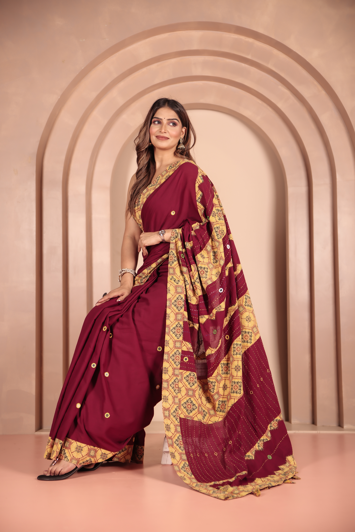 Ajrakh Patch Work Red Cotton MulMul Saree