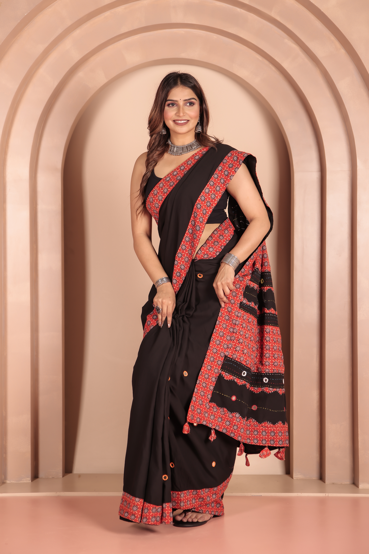Ajrakh Patch Work Black Cotton MulMul Saree
