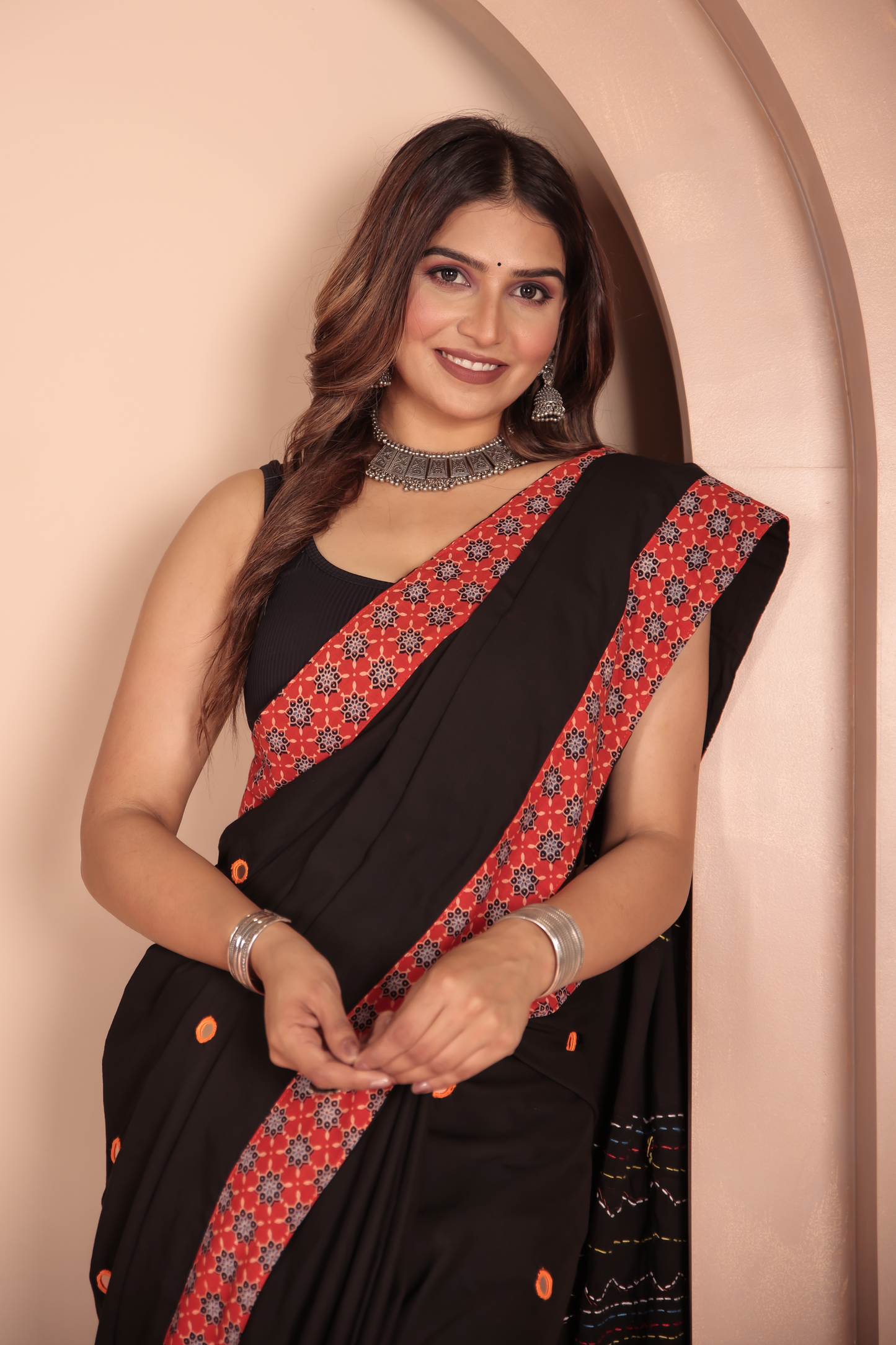 Ajrakh Patch Work Black Cotton MulMul Saree