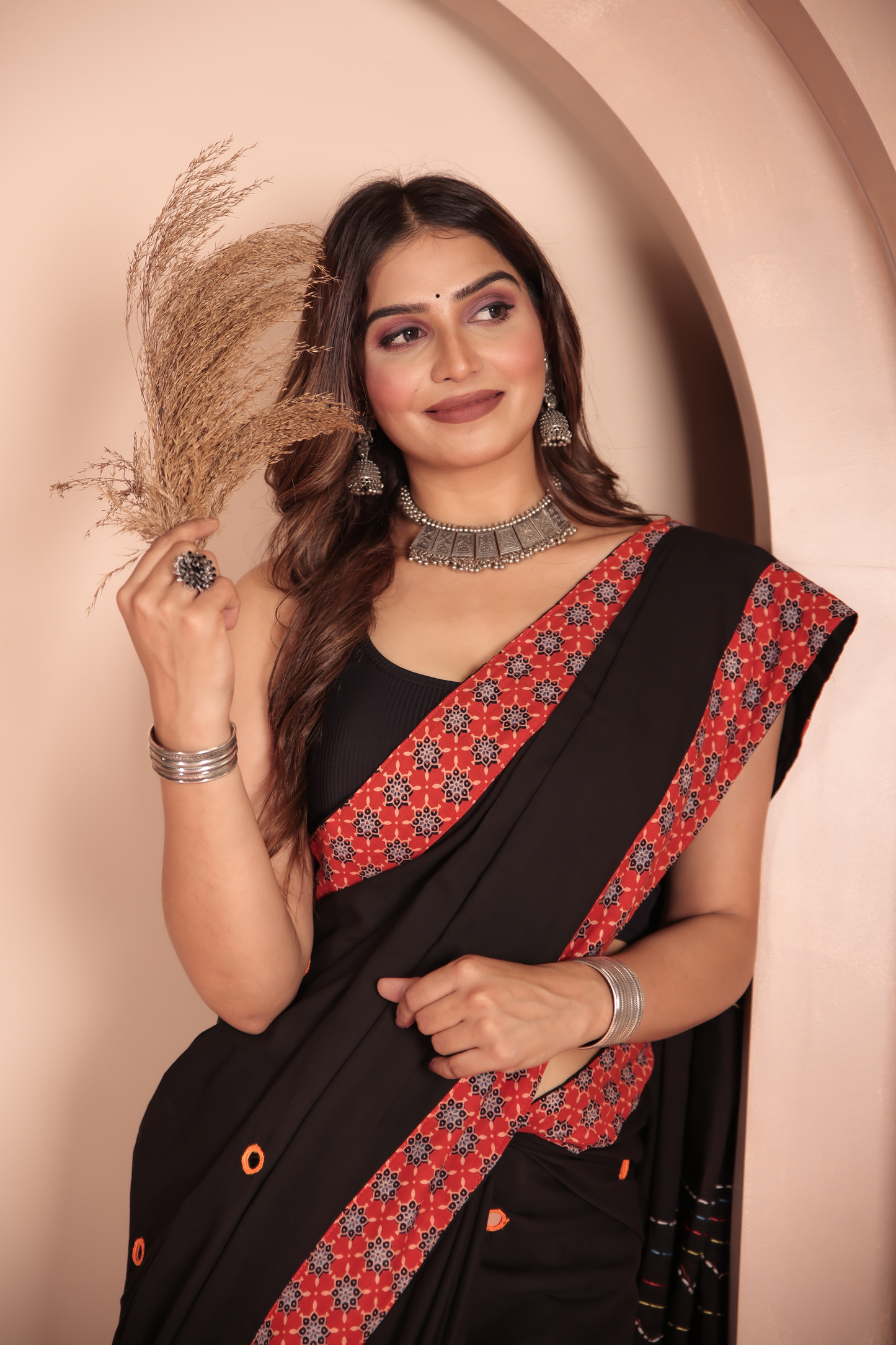 Ajrakh Patch Work Black Cotton MulMul Saree