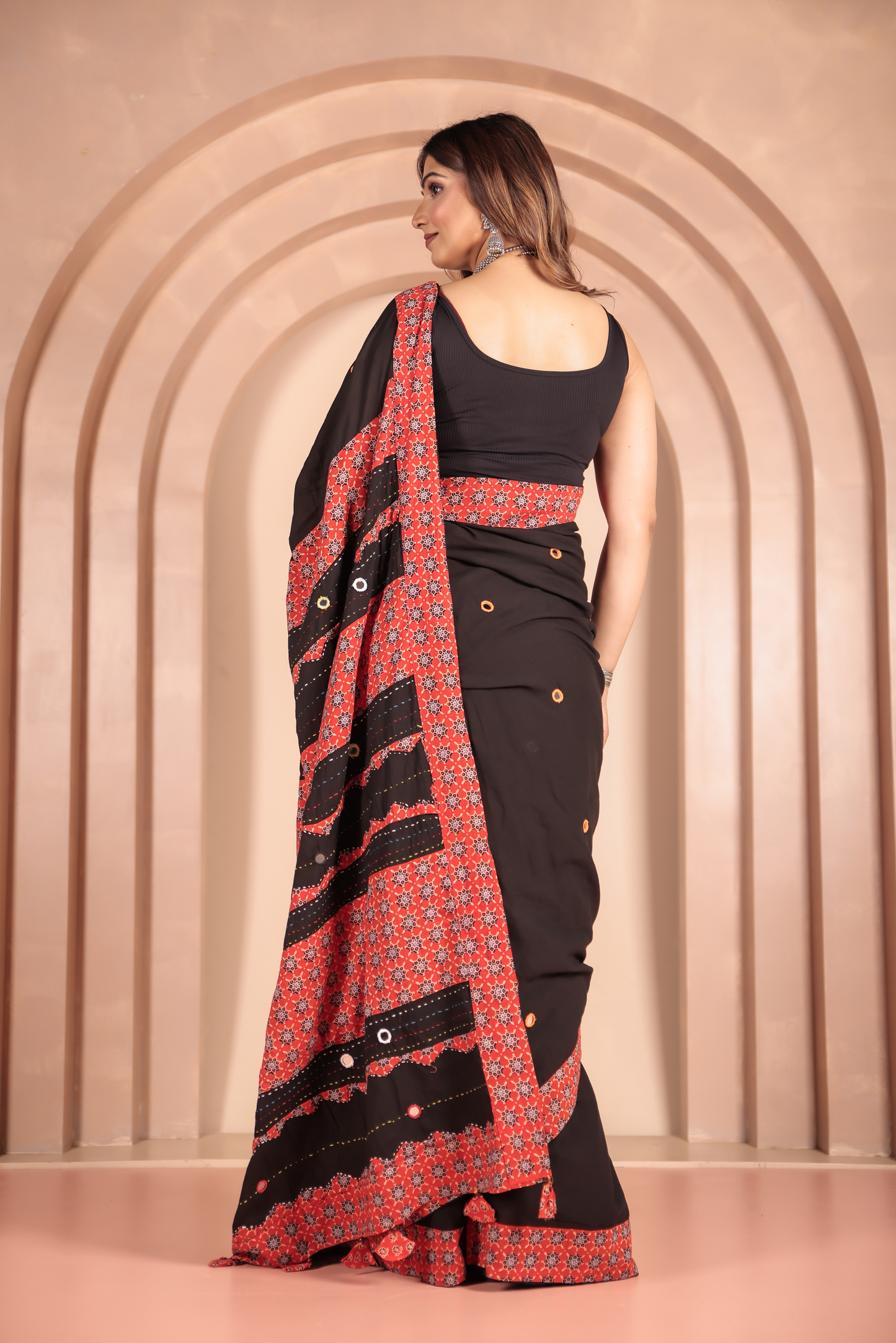Ajrakh Patch Work Black Cotton MulMul Saree