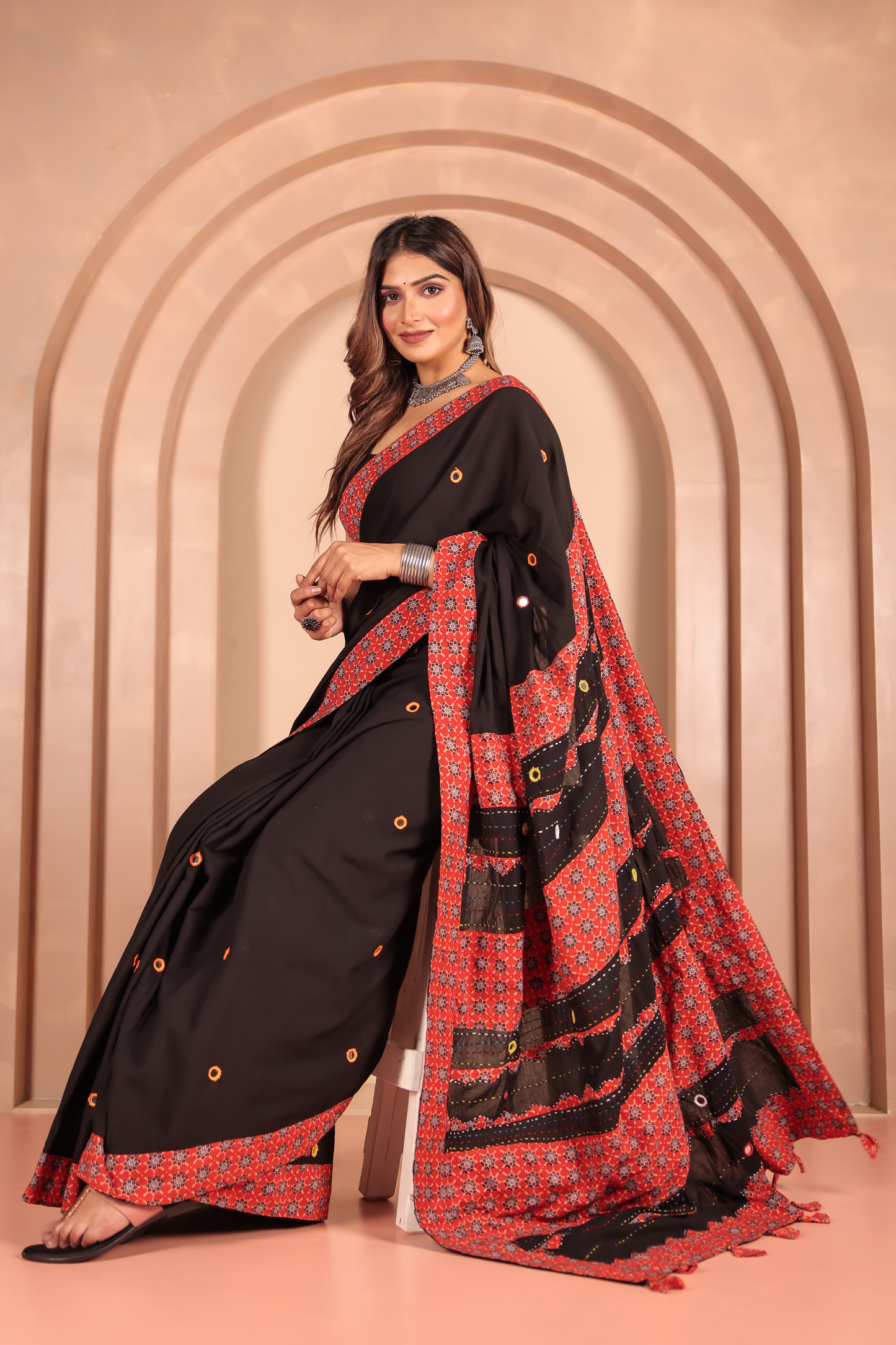 Ajrakh Patch Work Black Cotton MulMul Saree