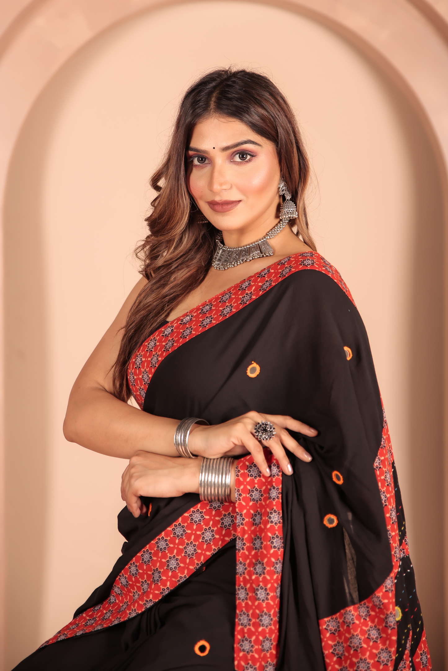 Ajrakh Patch Work Black Cotton MulMul Saree