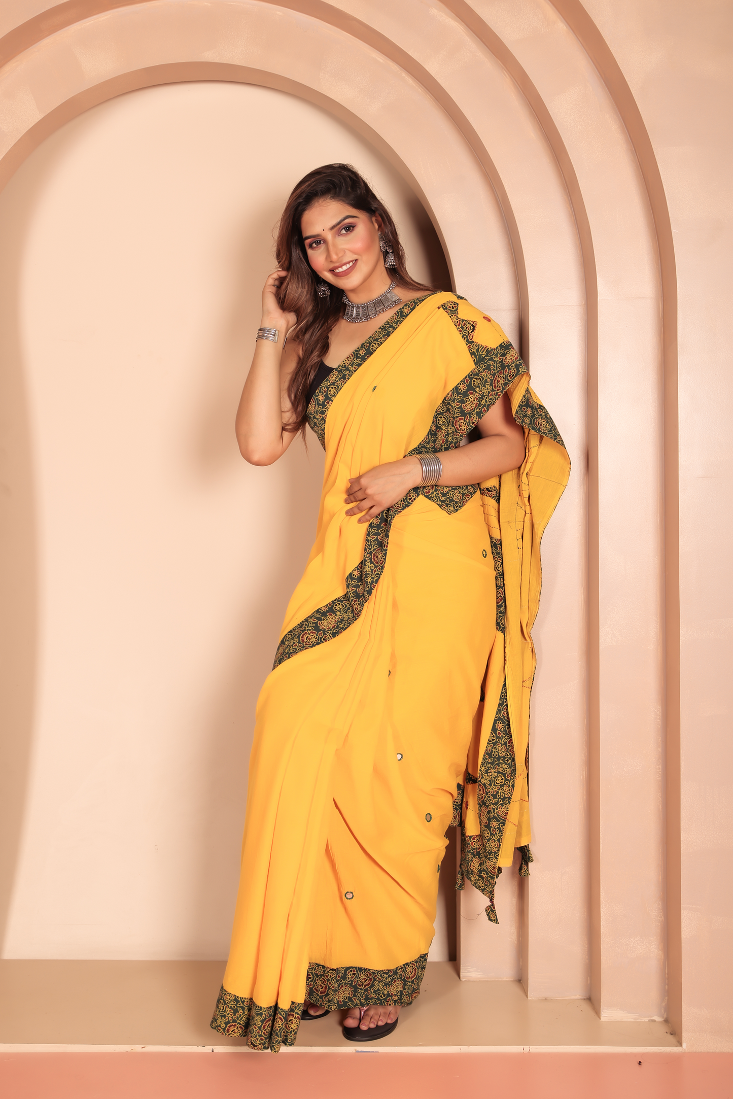 Ajrakh Patch Work Yellow Cotton MulMul Saree