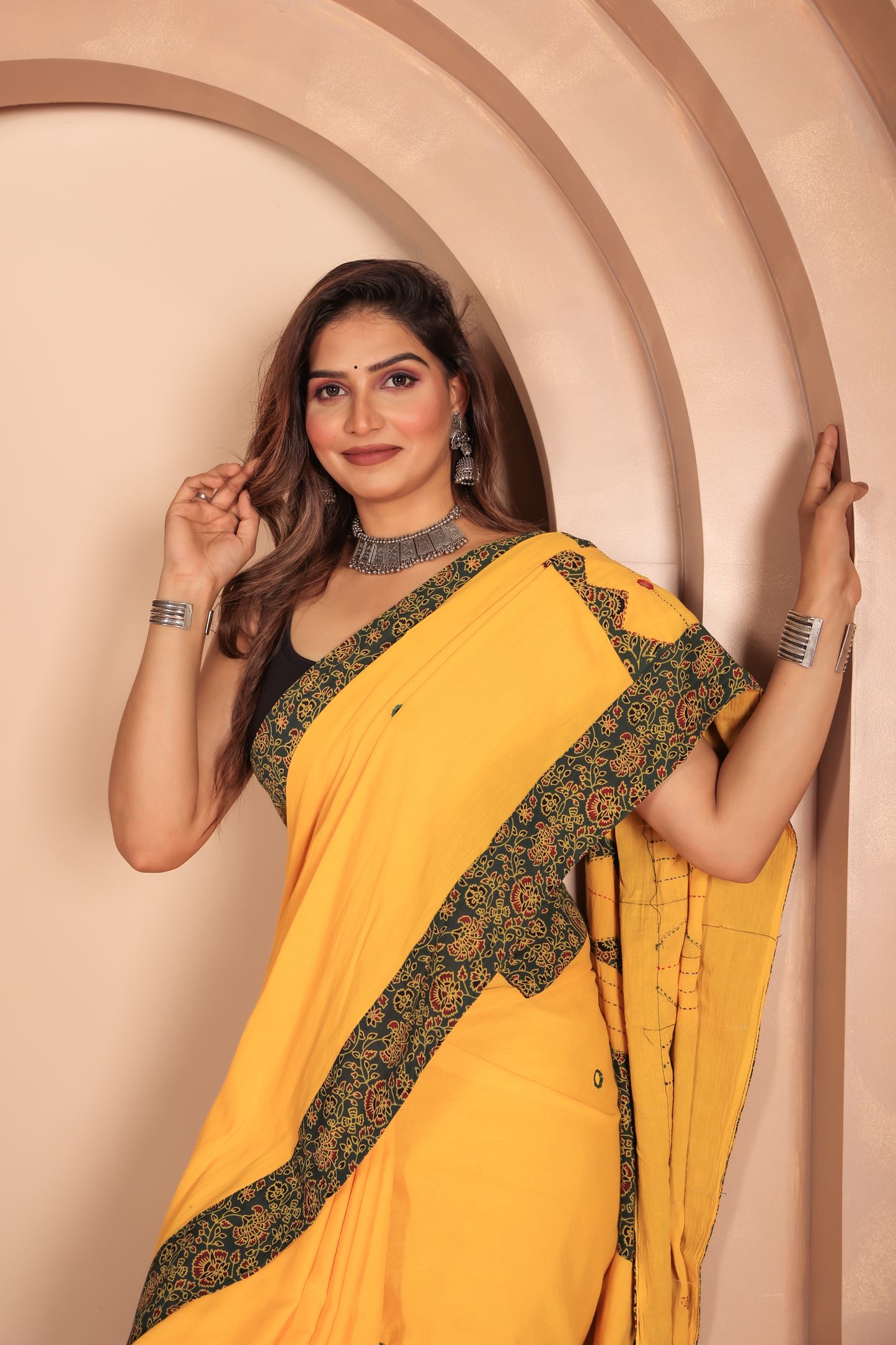 Ajrakh Patch Work Yellow Cotton MulMul Saree