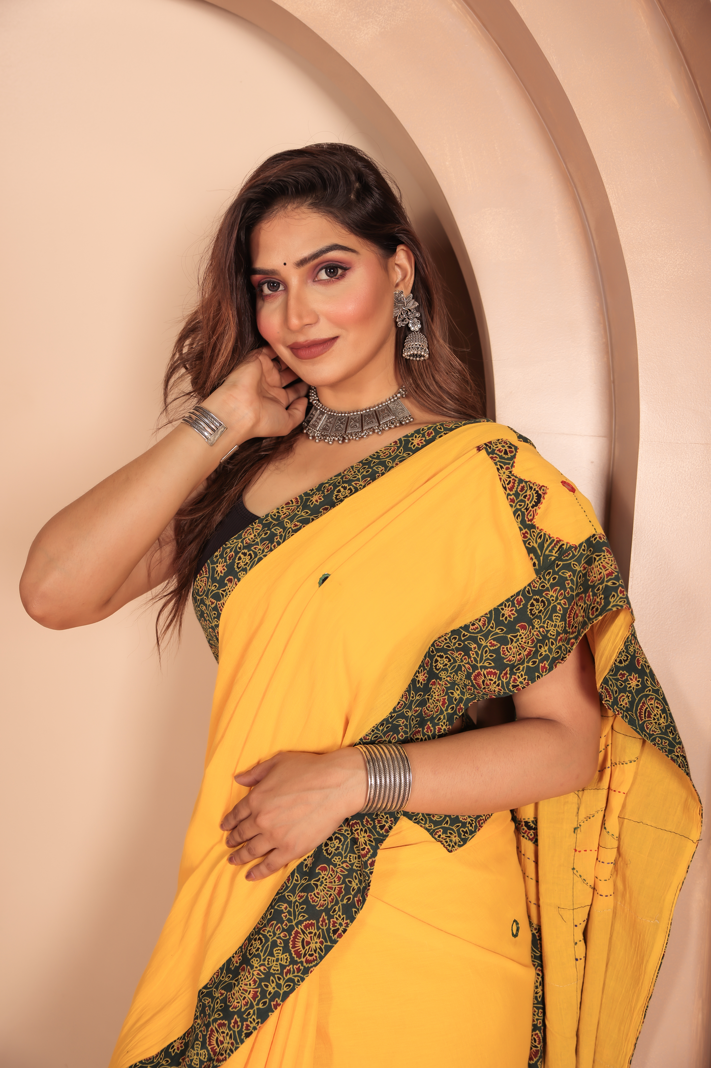 Ajrakh Patch Work Yellow Cotton MulMul Saree